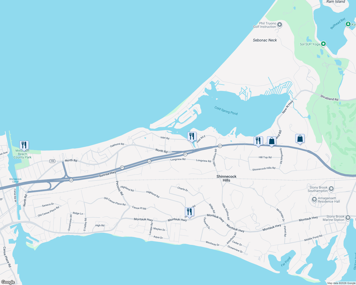 map of restaurants, bars, coffee shops, grocery stores, and more near 42 Inlet Road in Hampton Bays