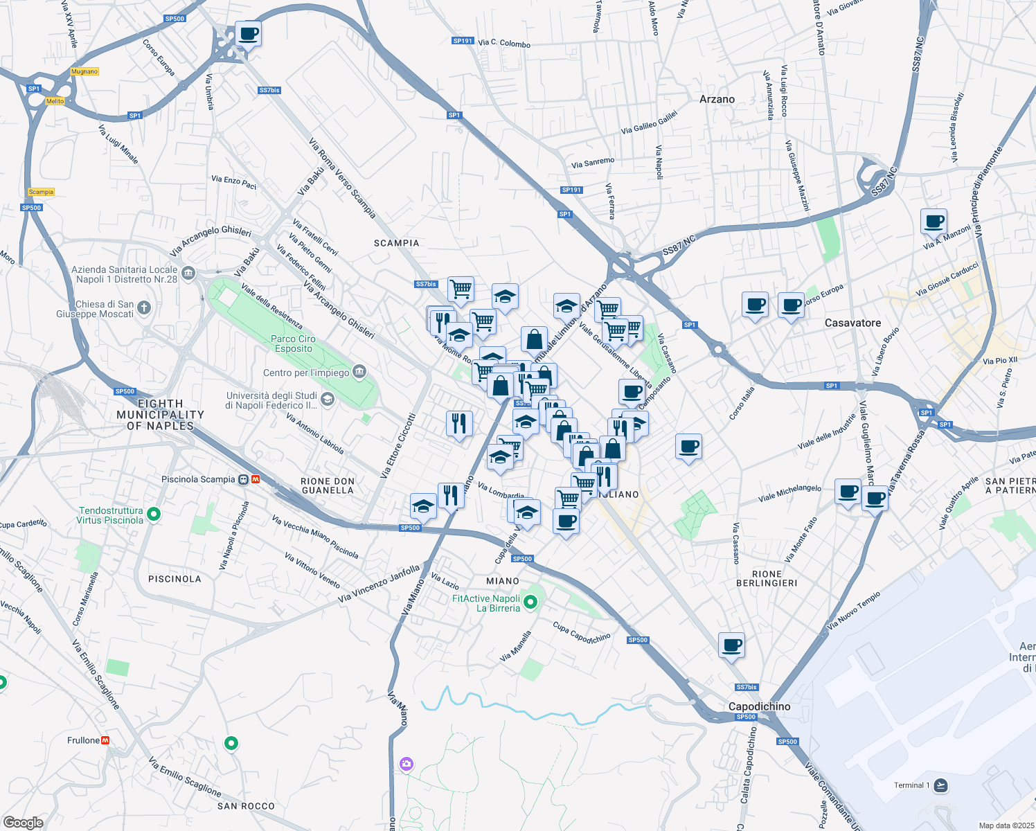 map of restaurants, bars, coffee shops, grocery stores, and more near in Napoli