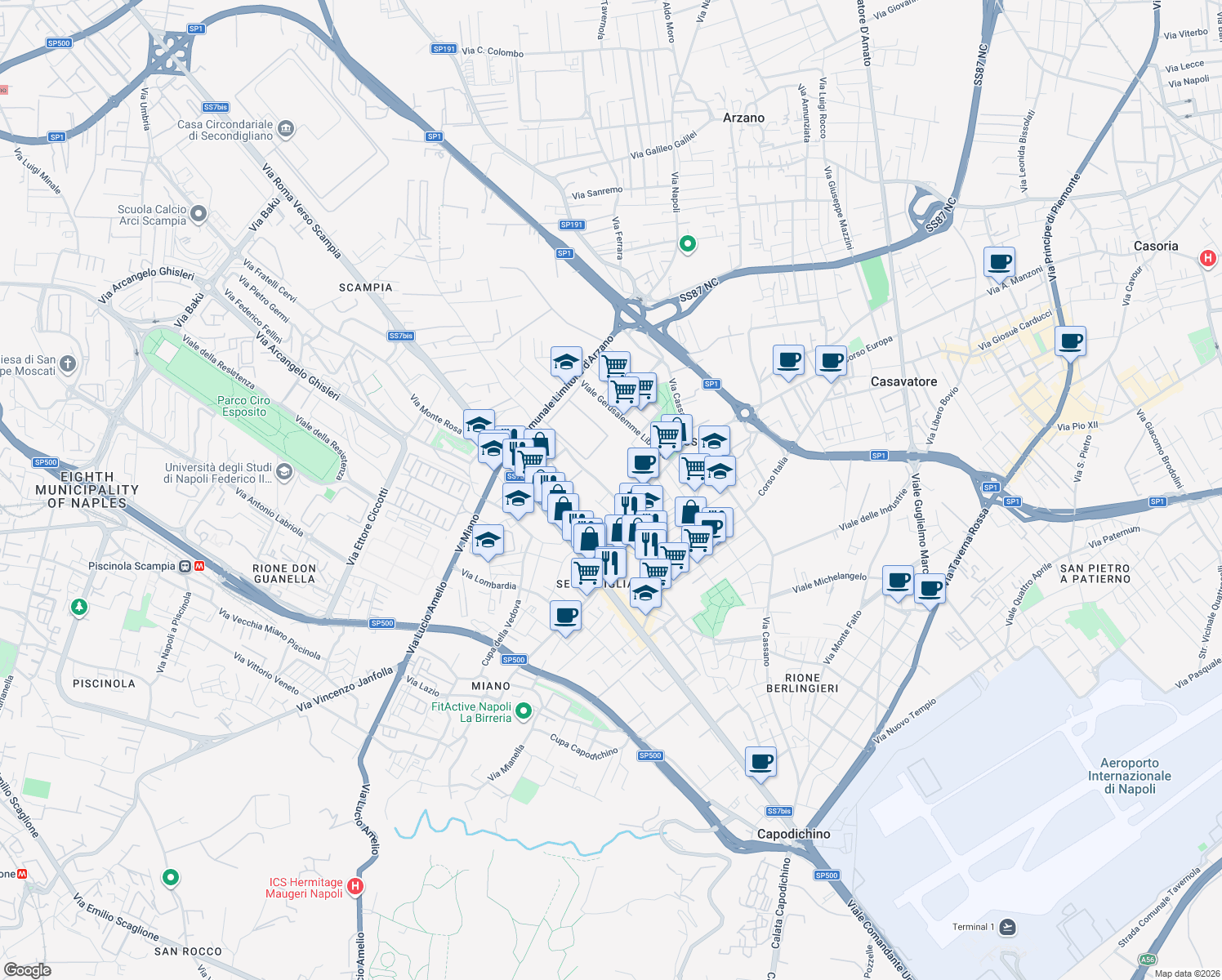 map of restaurants, bars, coffee shops, grocery stores, and more near 24 Strada Comunale Cupa dell'Arco in Napoli