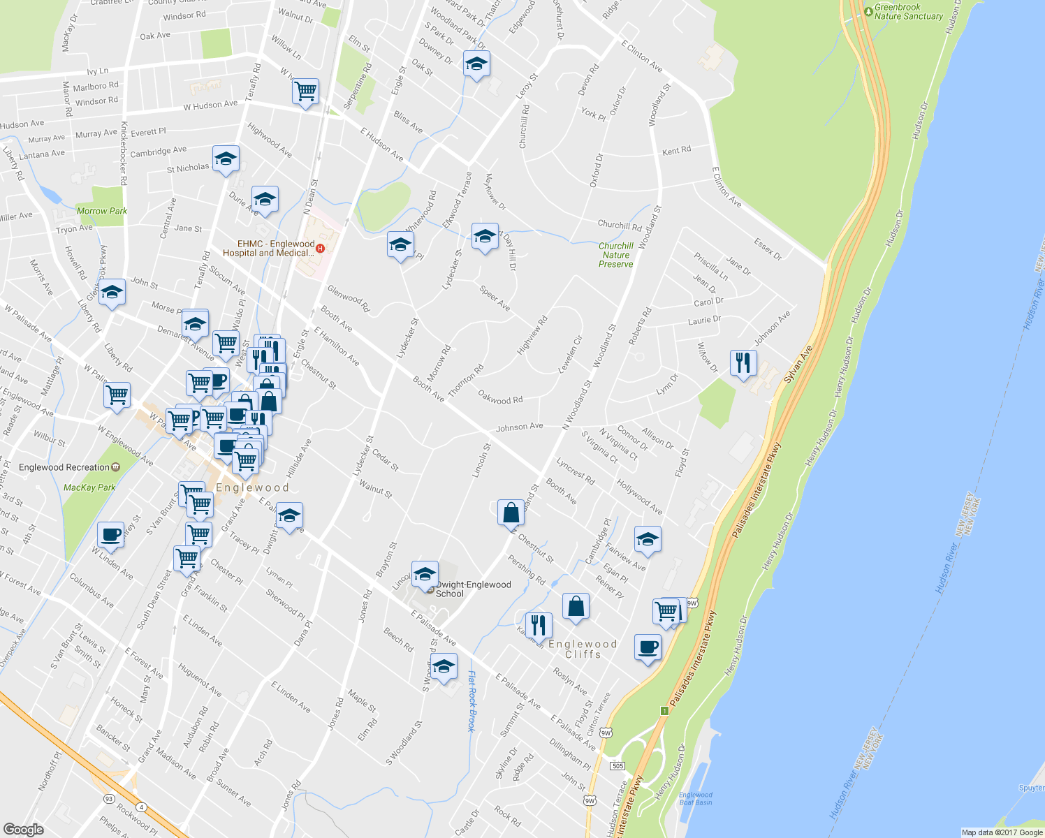 map of restaurants, bars, coffee shops, grocery stores, and more near 397 Johnson Avenue in Englewood