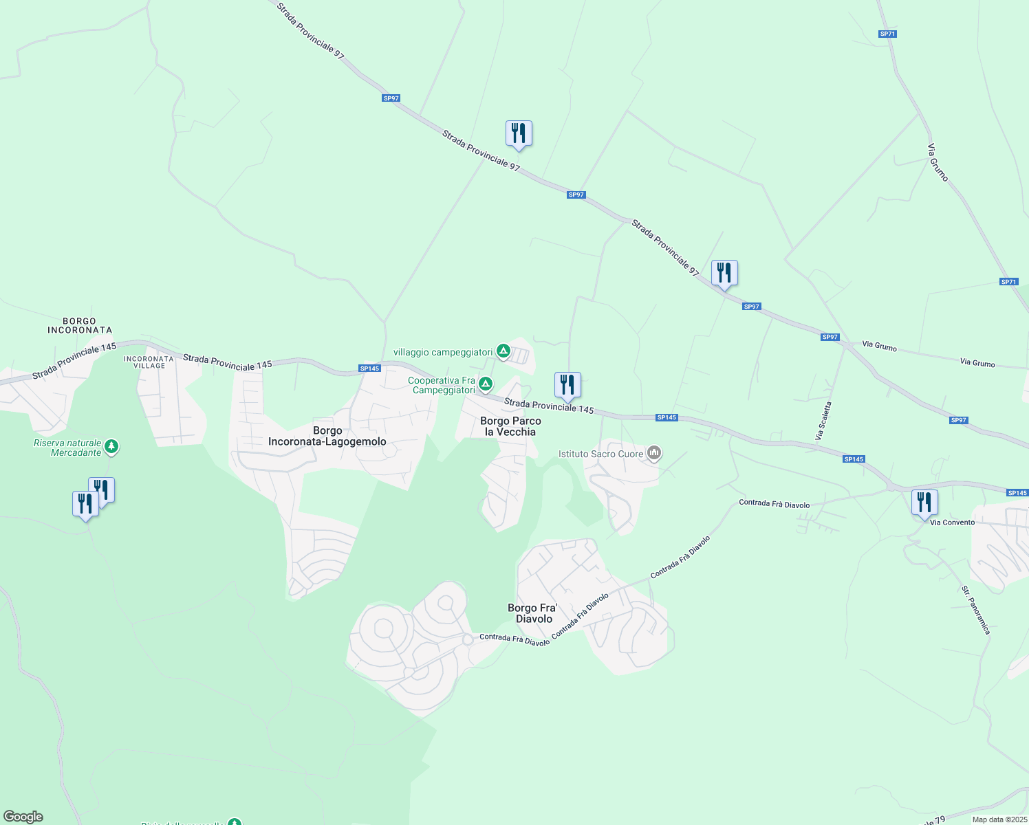 map of restaurants, bars, coffee shops, grocery stores, and more near 1 Contrada Parco La Vecchia in Borgo Parco La Vecchia