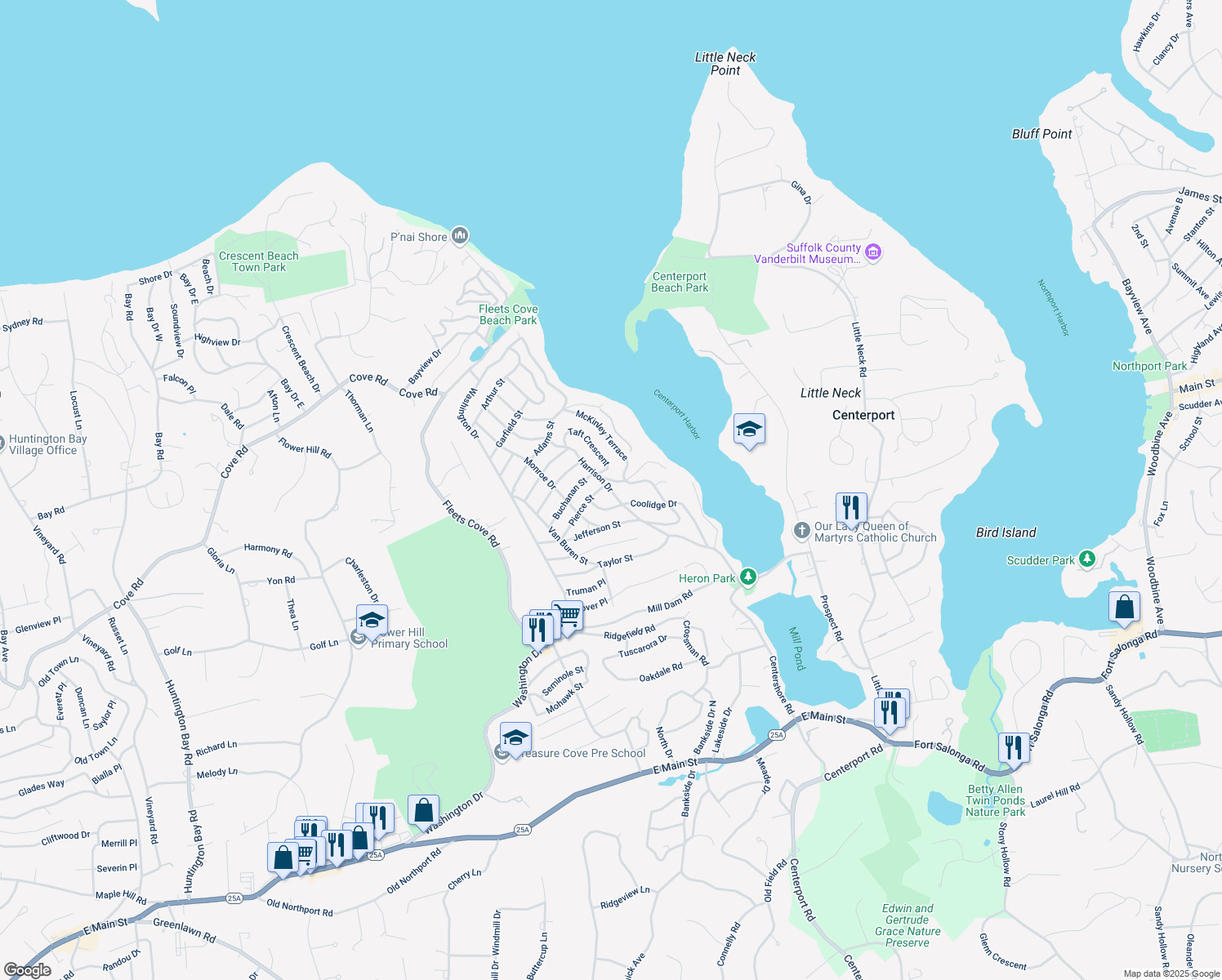 map of restaurants, bars, coffee shops, grocery stores, and more near Harrison Drive in Centerport
