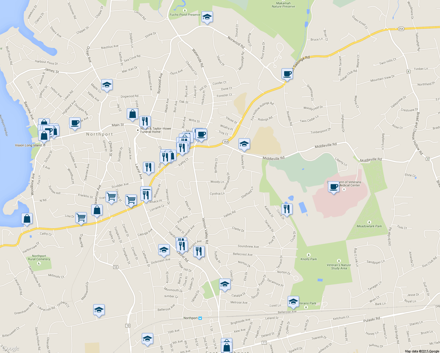 map of restaurants, bars, coffee shops, grocery stores, and more near 27 Brittany Court in Northport