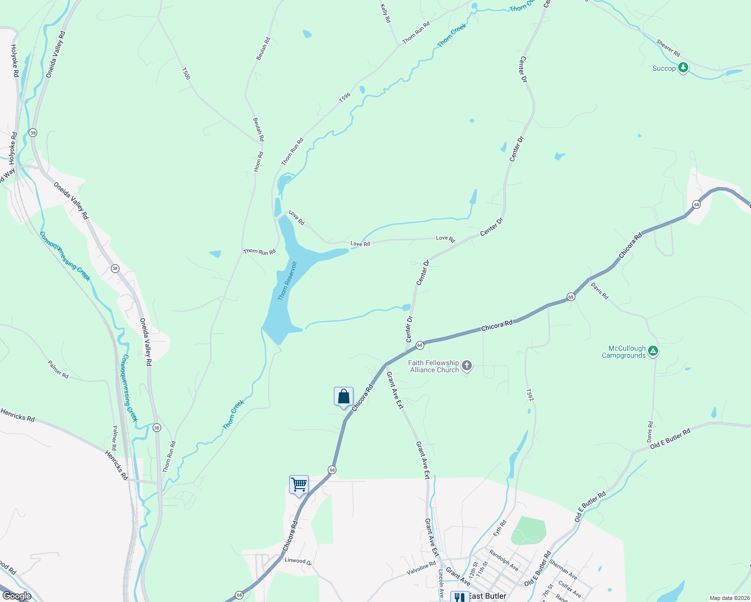 map of restaurants, bars, coffee shops, grocery stores, and more near 309 Chicora Road in Butler
