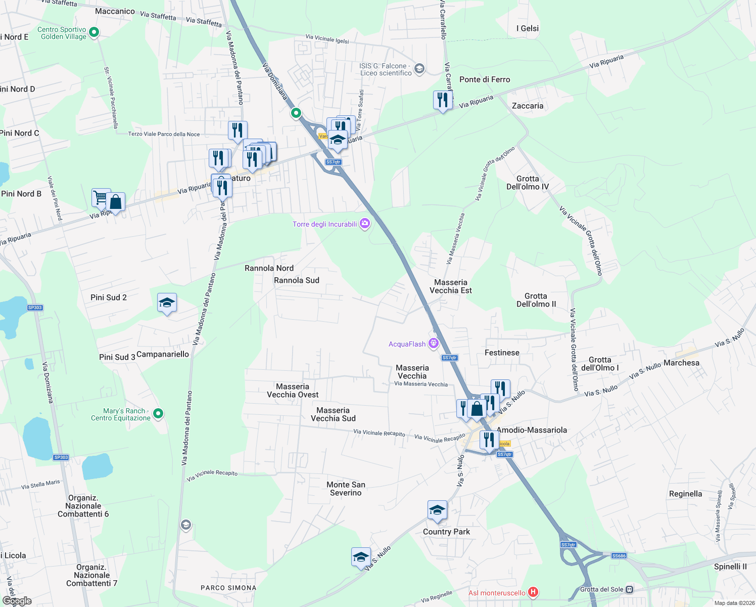 map of restaurants, bars, coffee shops, grocery stores, and more near 12412 Via Masseria Vecchia in Masseria Vecchia