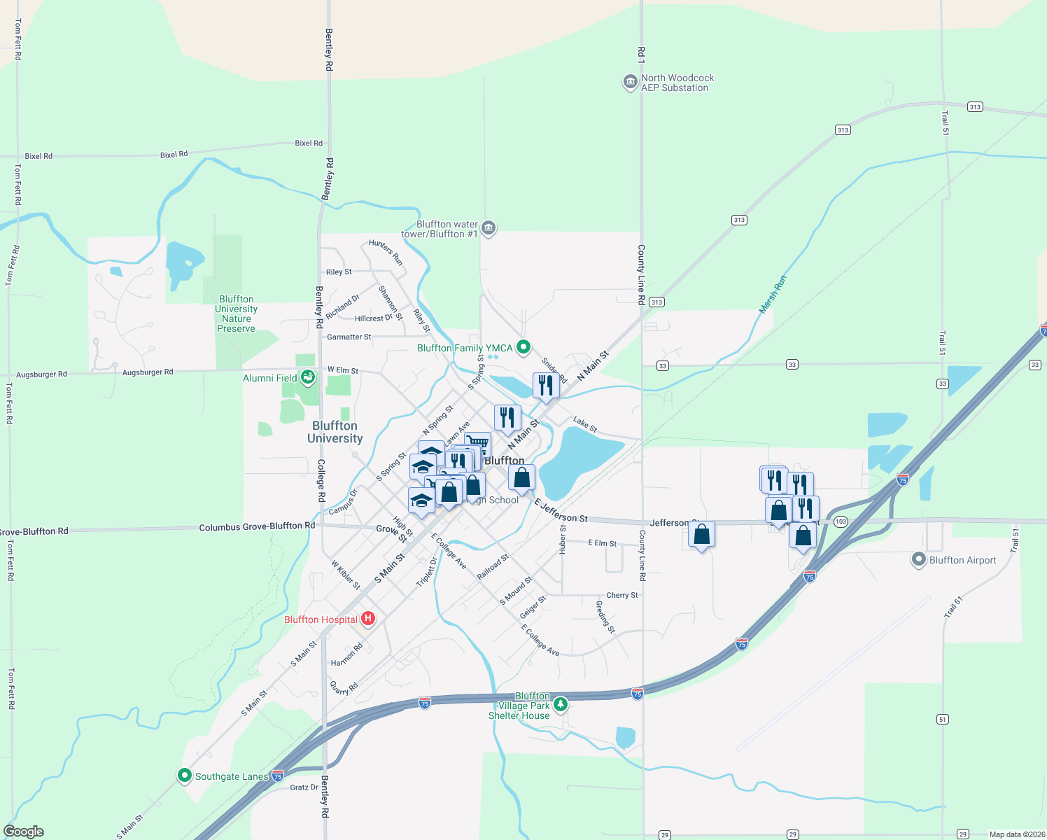 map of restaurants, bars, coffee shops, grocery stores, and more near 106 Riley St in Bluffton