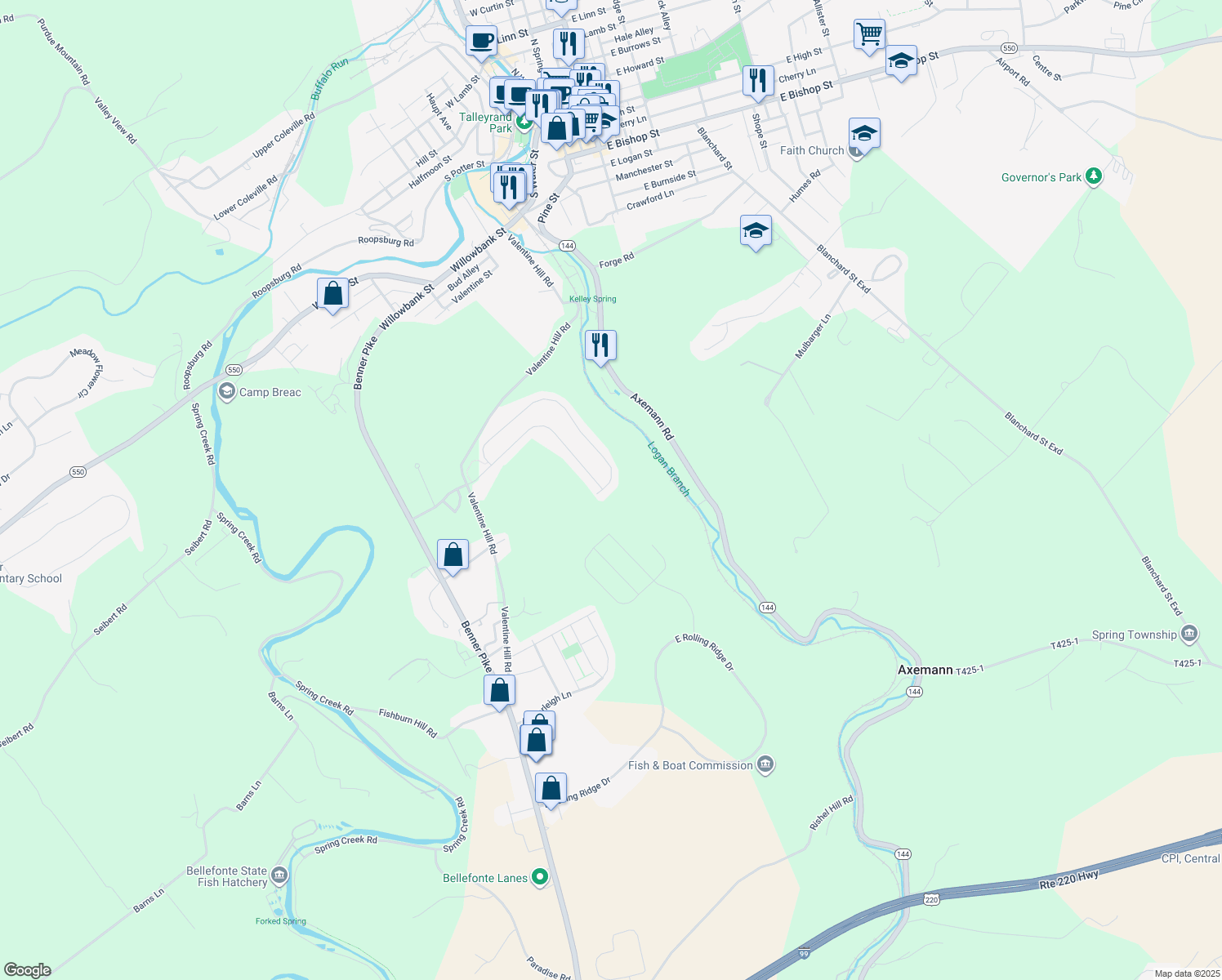 map of restaurants, bars, coffee shops, grocery stores, and more near 236 Jonathan Lane in Bellefonte