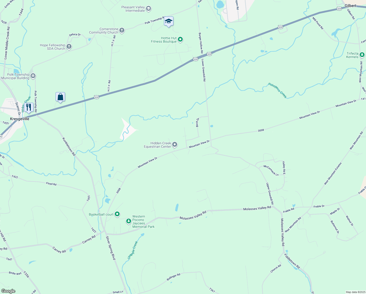 map of restaurants, bars, coffee shops, grocery stores, and more near 7105 Pine Court in Kunkletown