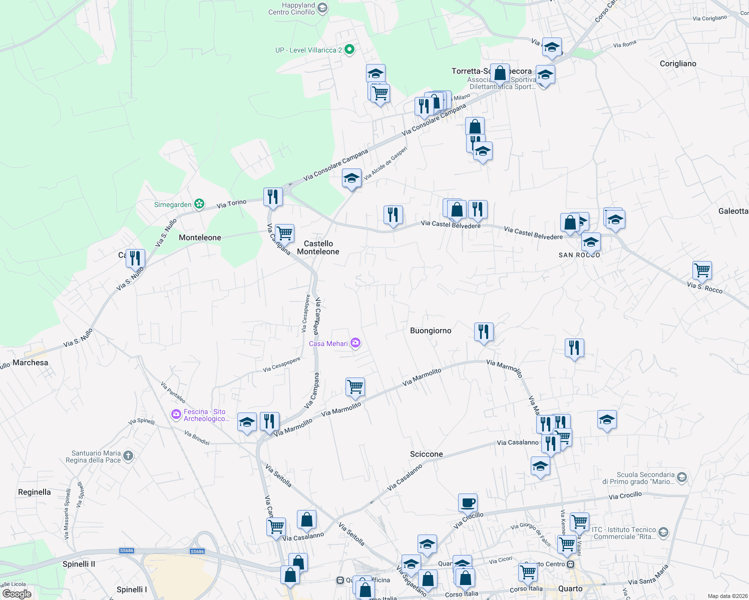 map of restaurants, bars, coffee shops, grocery stores, and more near 12 Via Pozzillo in Marano di Napoli