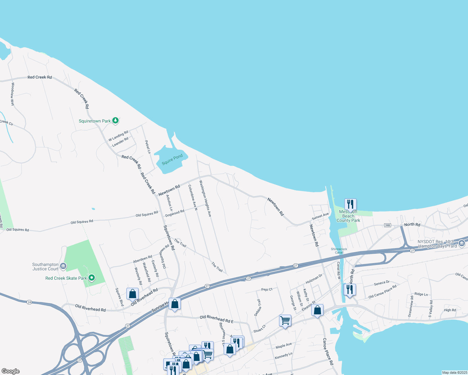 map of restaurants, bars, coffee shops, grocery stores, and more near 134 Newtown Road in Hampton Bays