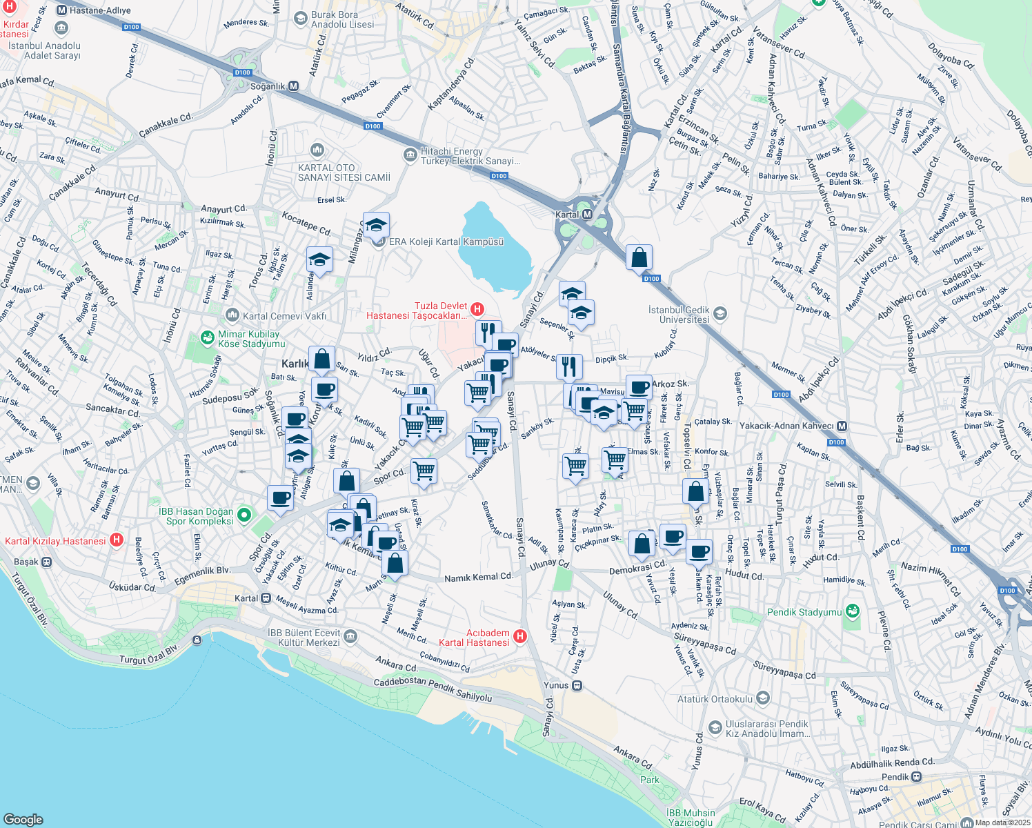 map of restaurants, bars, coffee shops, grocery stores, and more near 34 Sanayi Caddesi in Kartal