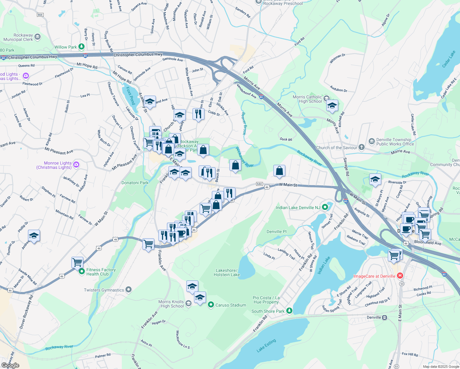 map of restaurants, bars, coffee shops, grocery stores, and more near 230 East Main Street in Rockaway