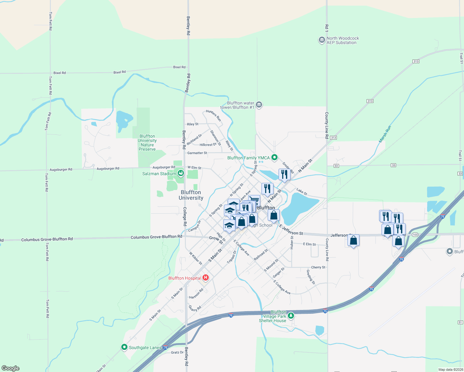 map of restaurants, bars, coffee shops, grocery stores, and more near 320 W Elm St in Bluffton