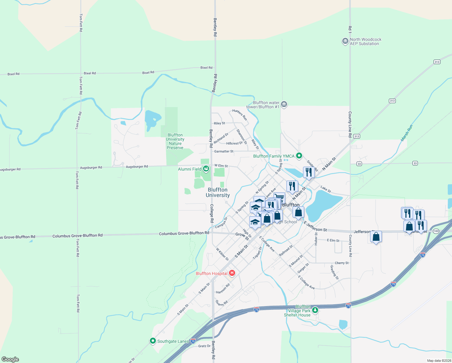 map of restaurants, bars, coffee shops, grocery stores, and more near Rosenberger Rd in Bluffton