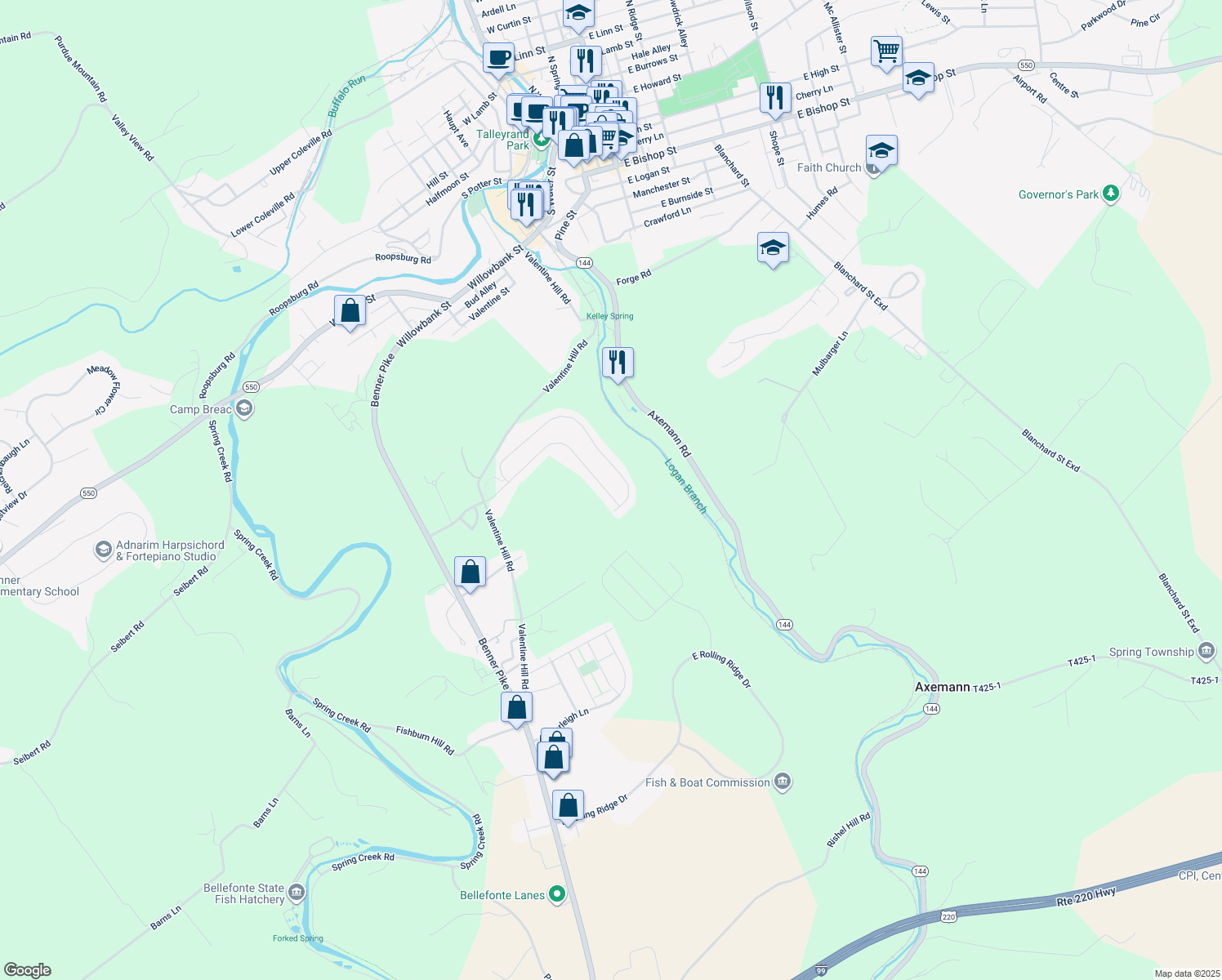 map of restaurants, bars, coffee shops, grocery stores, and more near 199 Rosehill Drive in Bellefonte