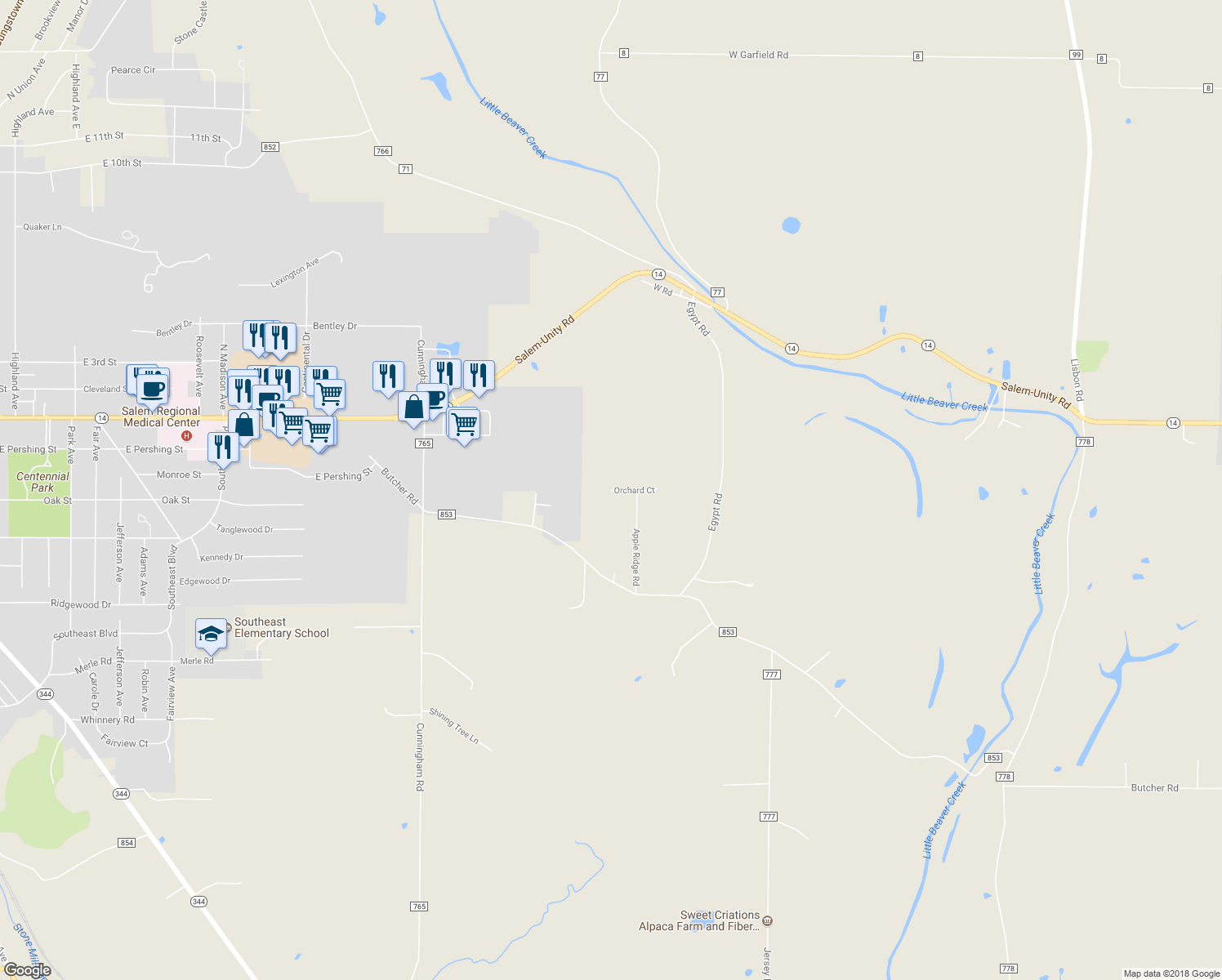 map of restaurants, bars, coffee shops, grocery stores, and more near 36632 Orchard Court in Salem