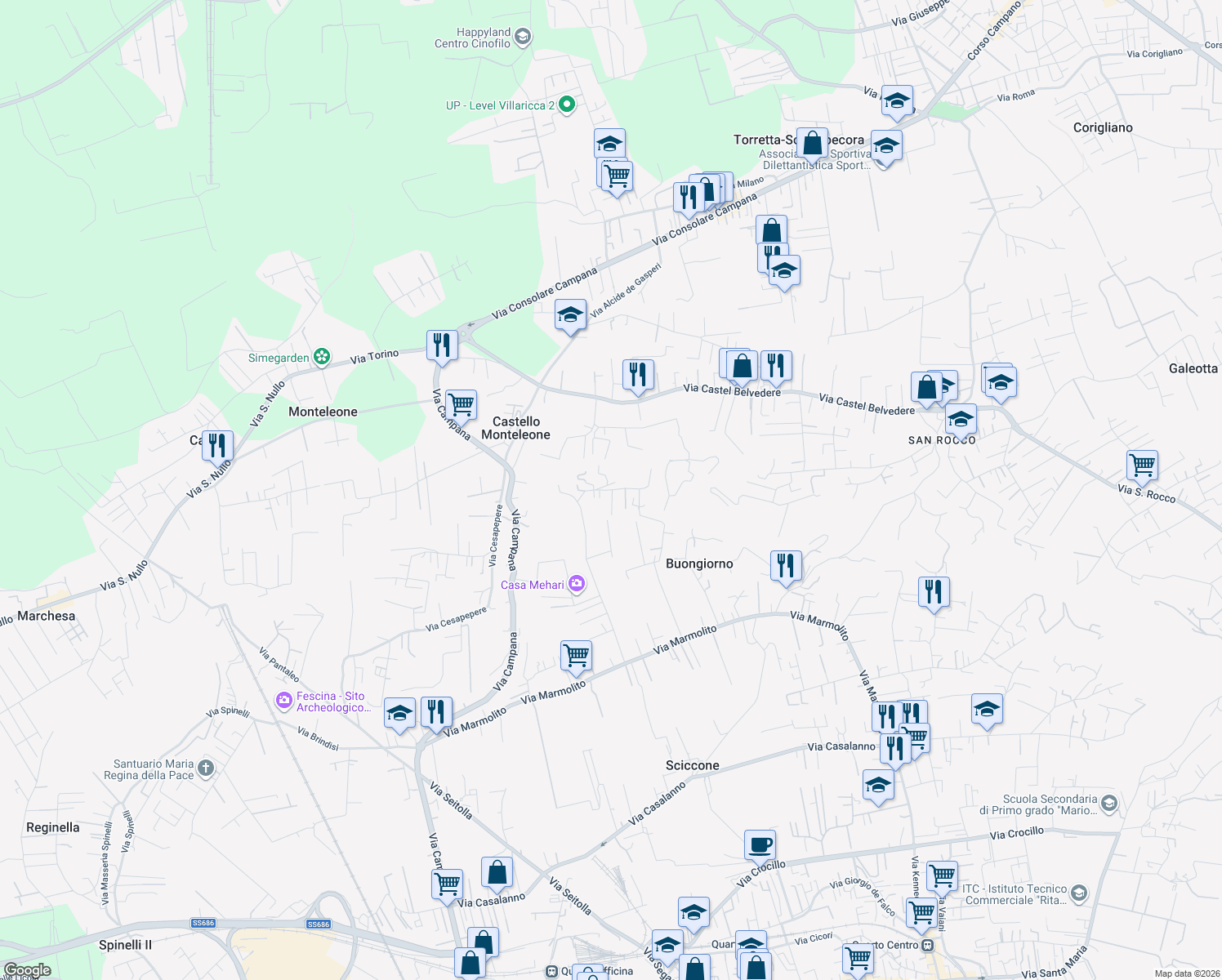 map of restaurants, bars, coffee shops, grocery stores, and more near 12/A Via Pozzillo in Marano di Napoli