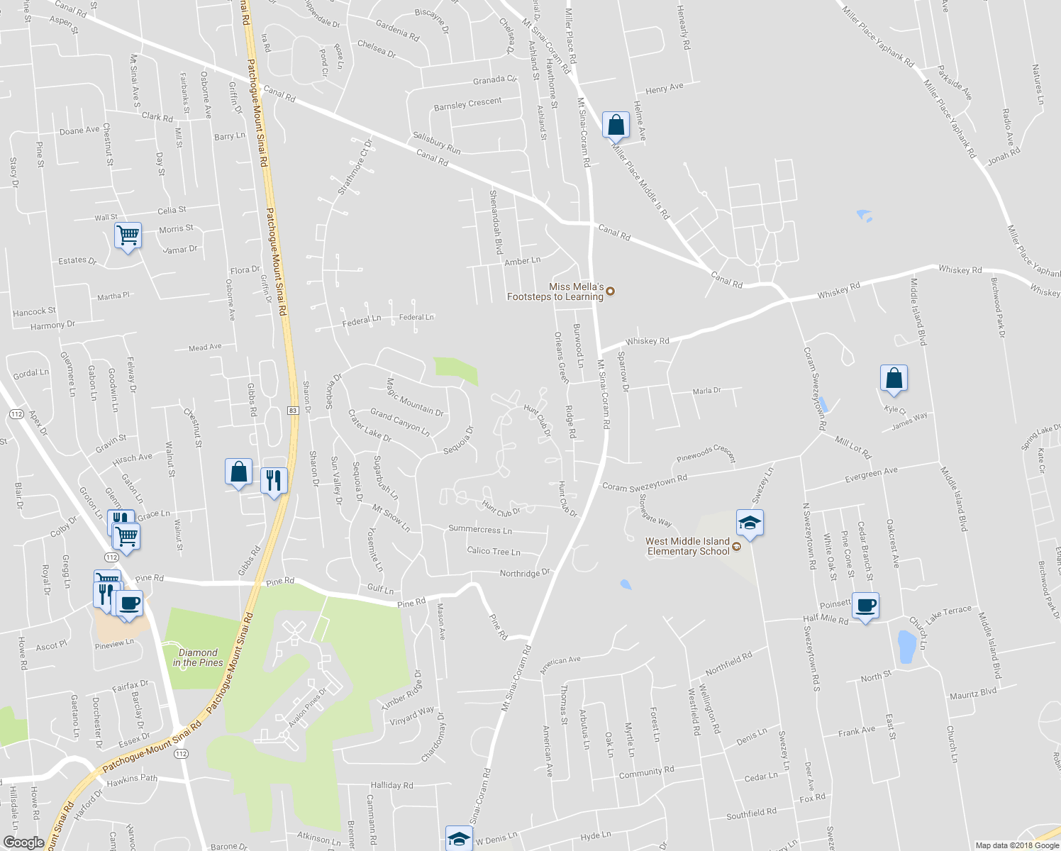 map of restaurants, bars, coffee shops, grocery stores, and more near 6 Dove Path in Coram