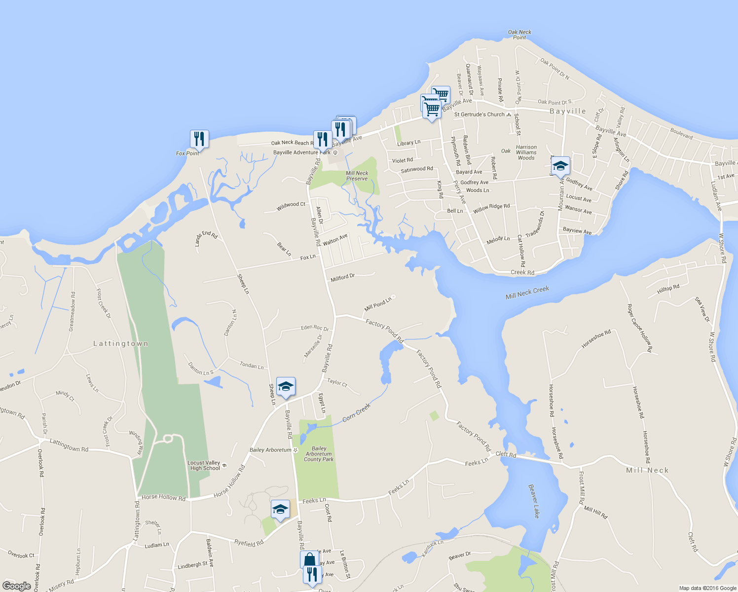 map of restaurants, bars, coffee shops, grocery stores, and more near 3 Mill Pond Lane in Locust Valley