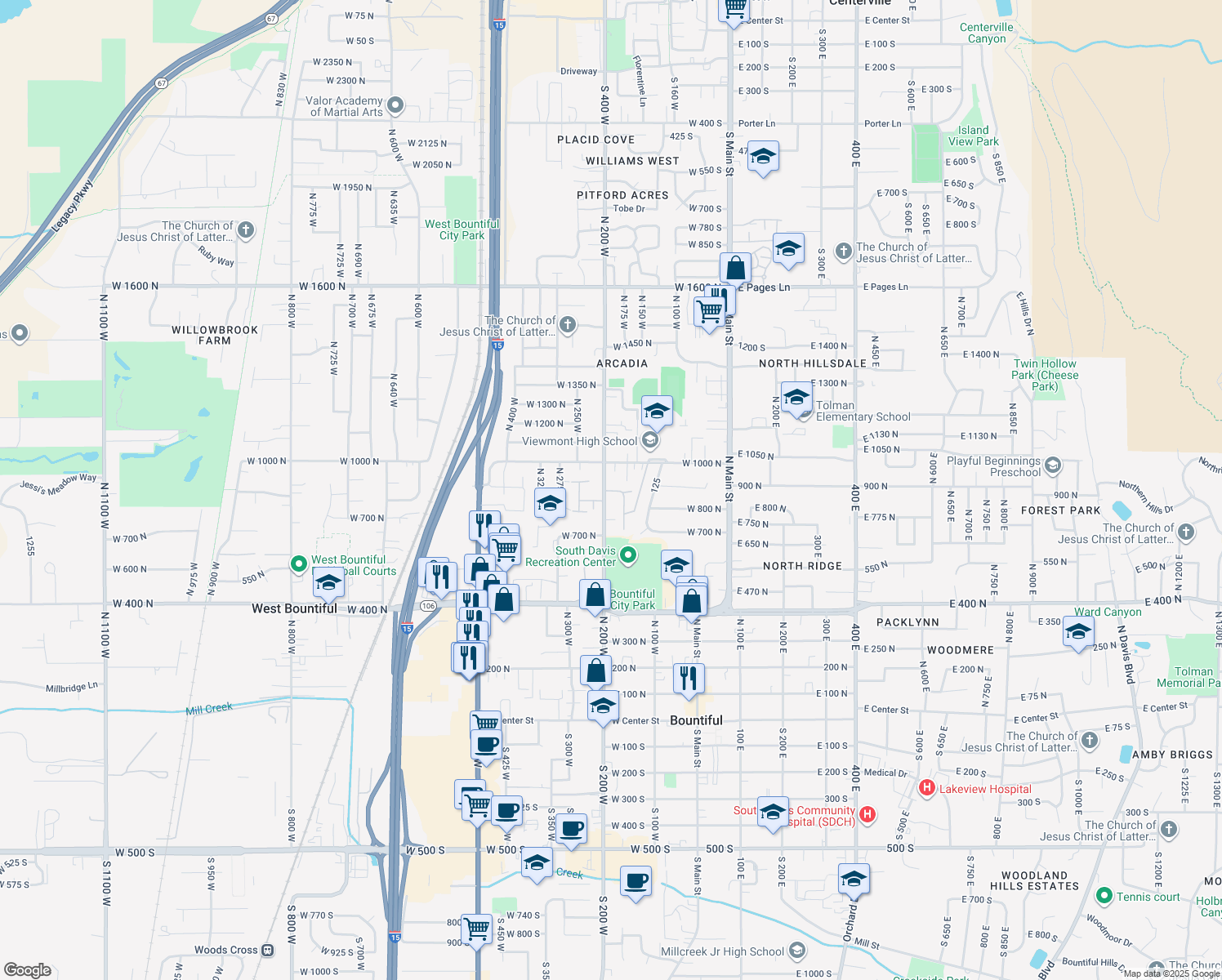 map of restaurants, bars, coffee shops, grocery stores, and more near 184 Park Shadows Cir in Bountiful