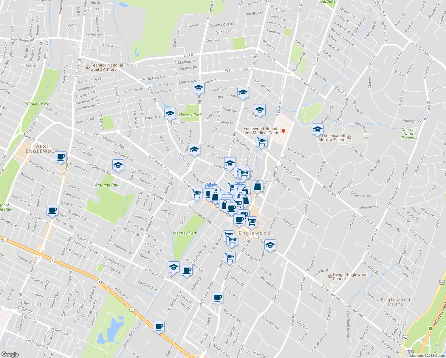 map of restaurants, bars, coffee shops, grocery stores, and more near 89-199 Henry Street in Englewood