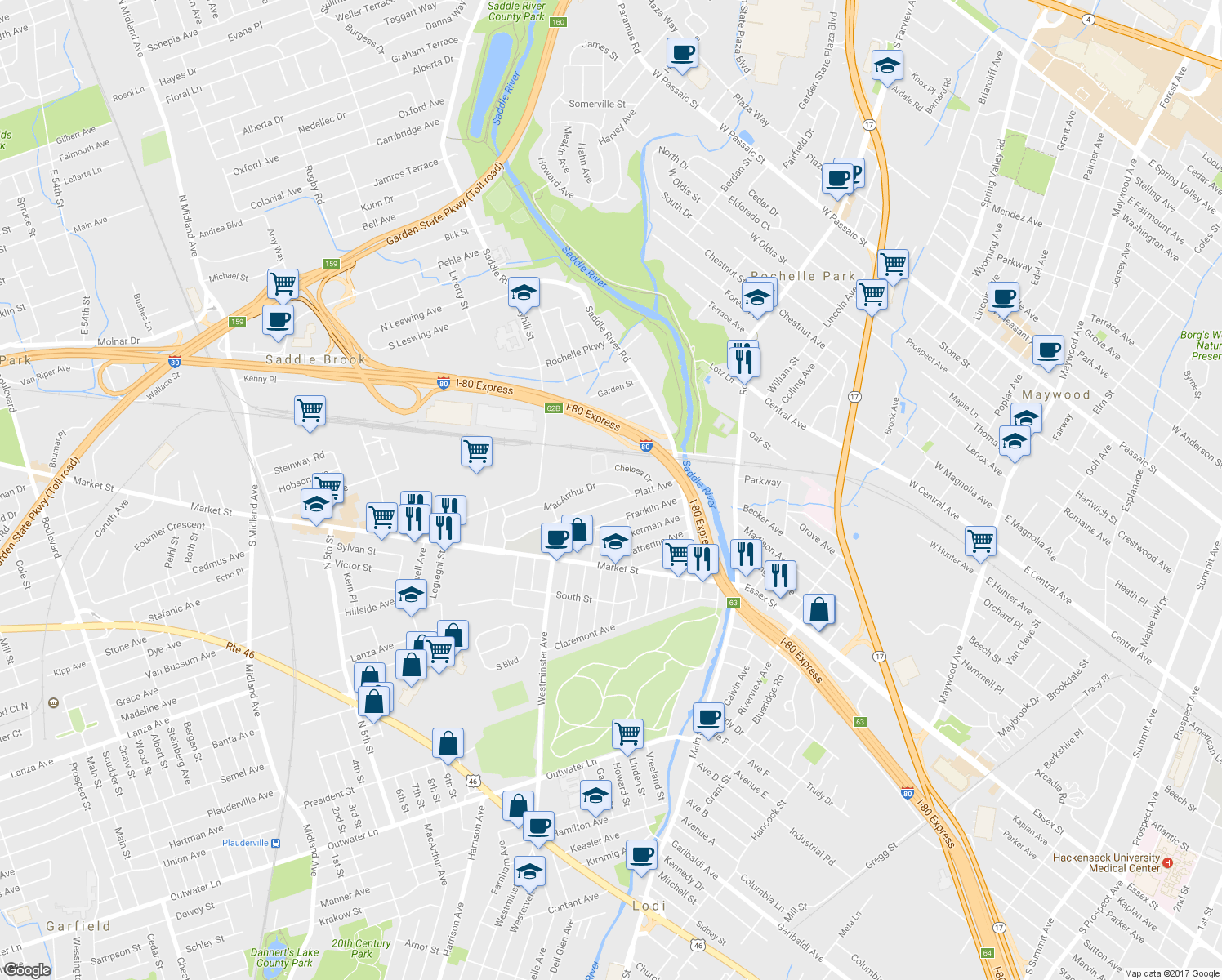 map of restaurants, bars, coffee shops, grocery stores, and more near 28 Macarthur Drive in Saddle Brook