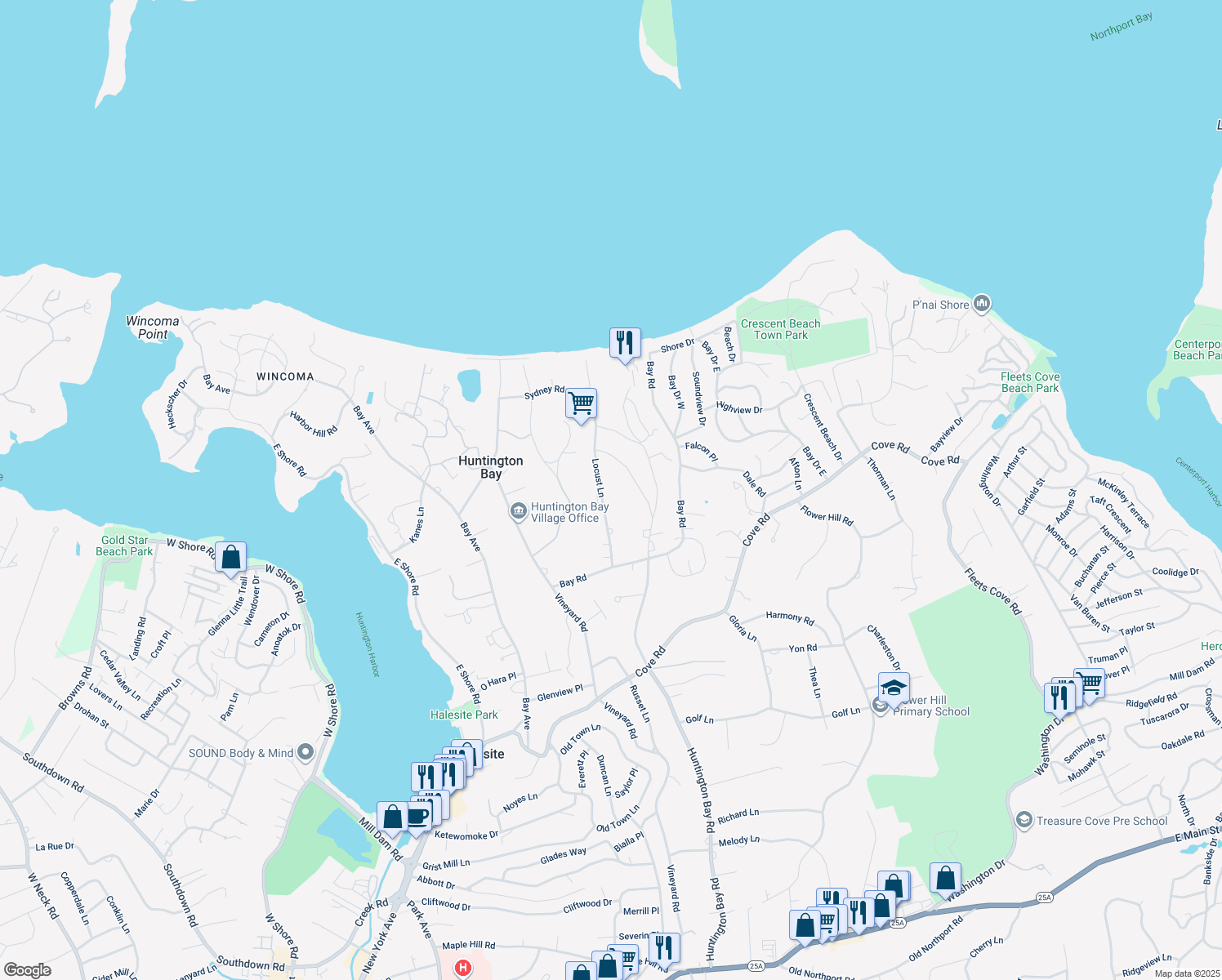 map of restaurants, bars, coffee shops, grocery stores, and more near 14 Locust Lane in Huntington