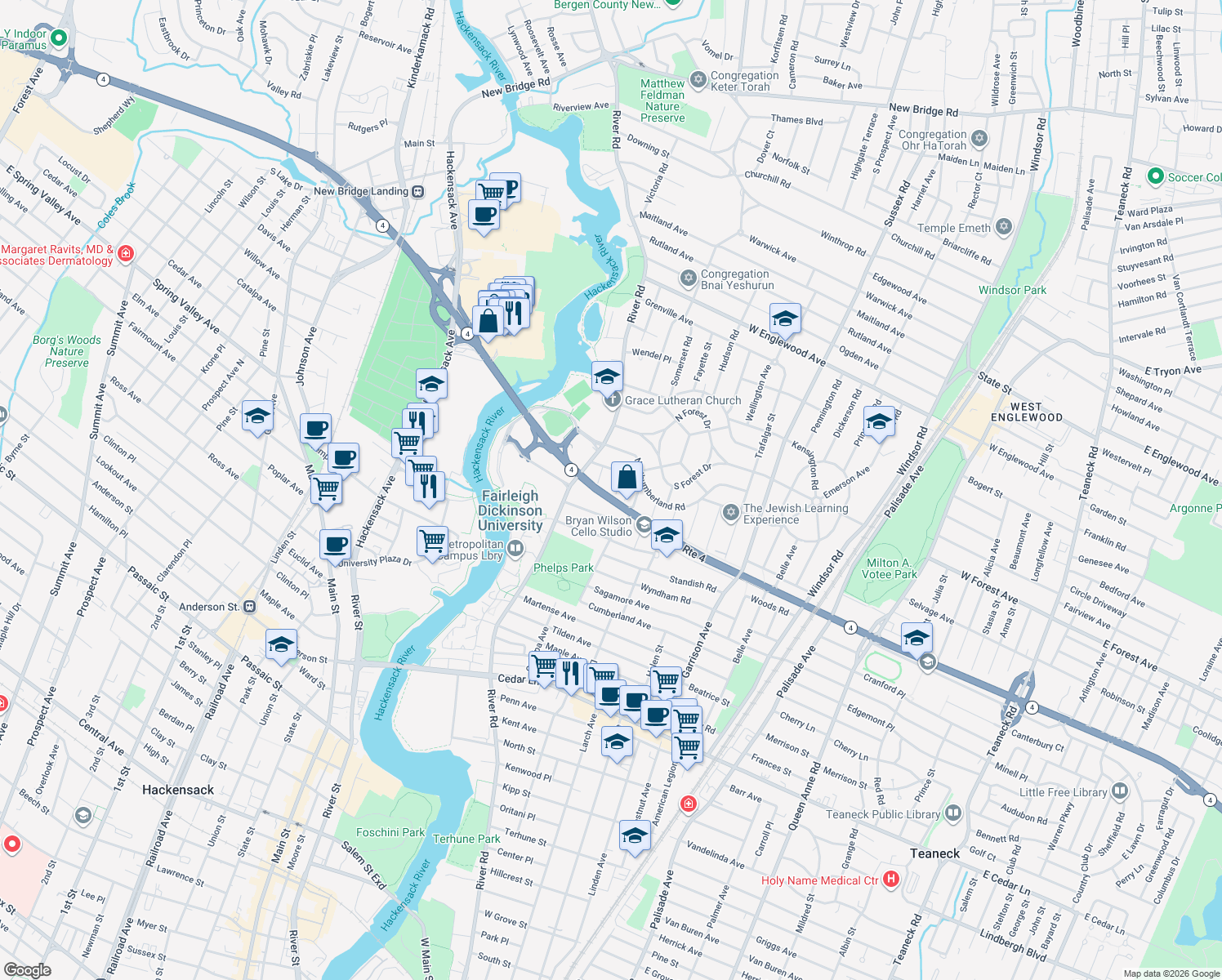 map of restaurants, bars, coffee shops, grocery stores, and more near 1100 Falmouth Avenue in Teaneck