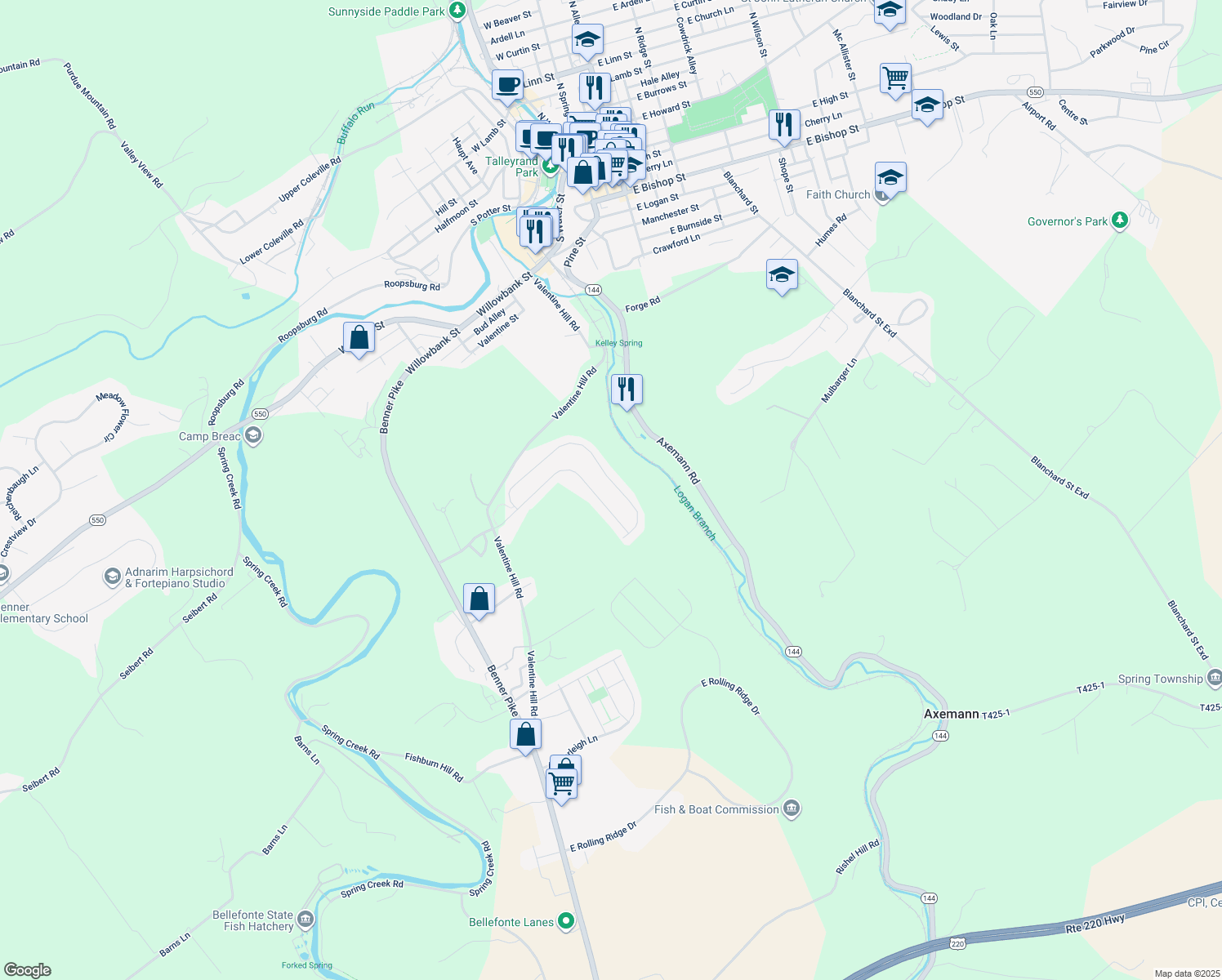 map of restaurants, bars, coffee shops, grocery stores, and more near 212 Jonathan Lane in Bellefonte