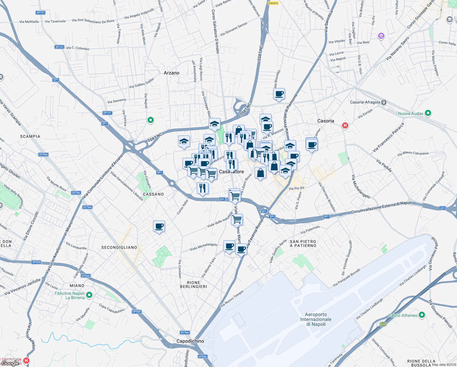 map of restaurants, bars, coffee shops, grocery stores, and more near 13 Via Antonio de Curtis in Casavatore