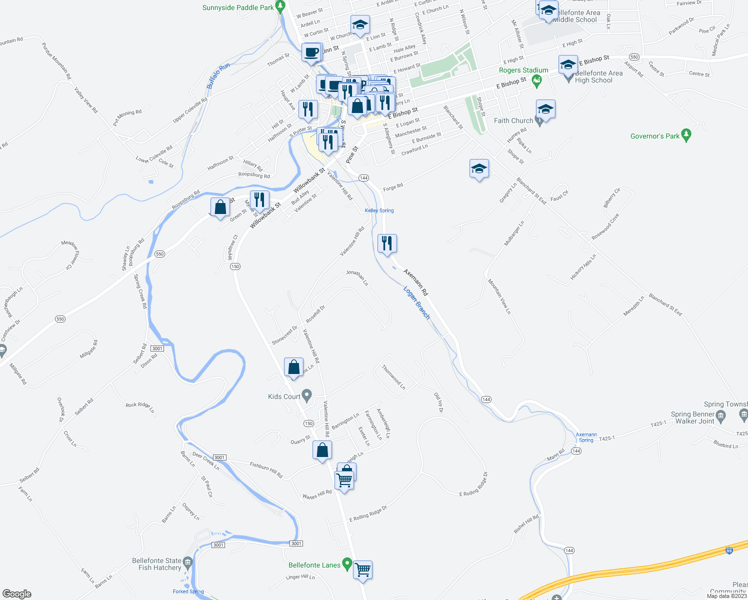 map of restaurants, bars, coffee shops, grocery stores, and more near 212 Jonathan Lane in Bellefonte