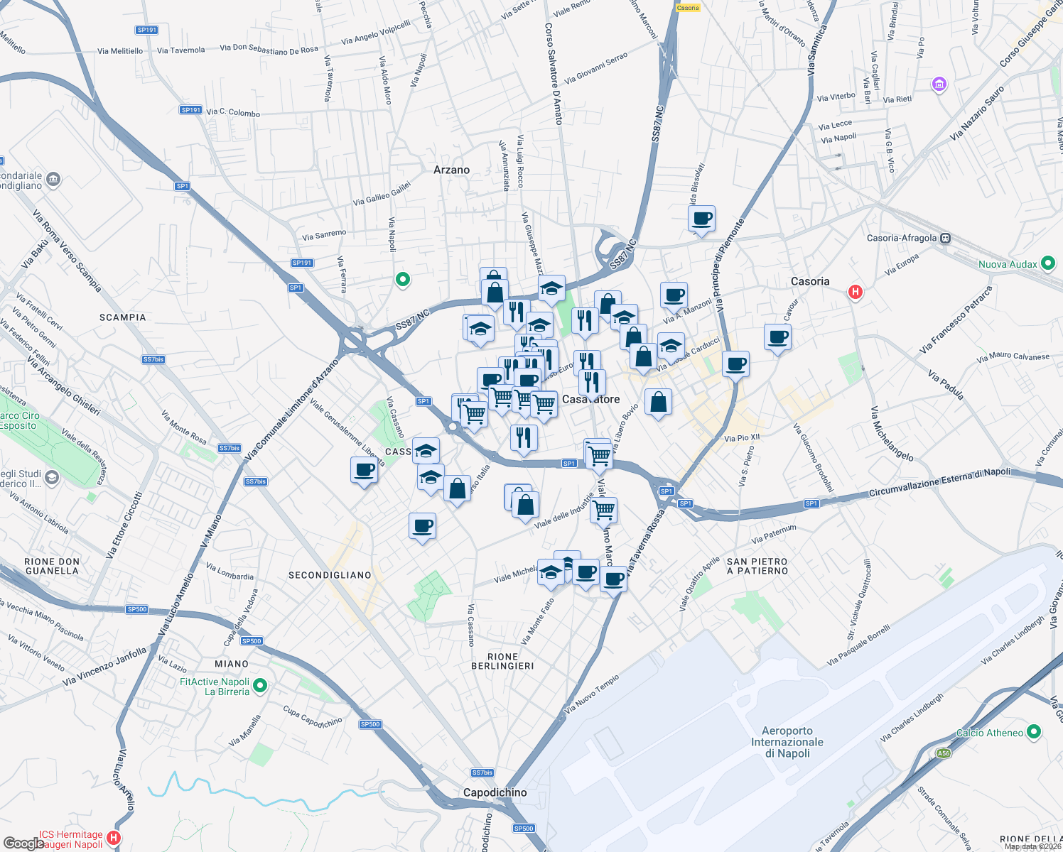map of restaurants, bars, coffee shops, grocery stores, and more near 23 Via Salvator Rosa in Casavatore