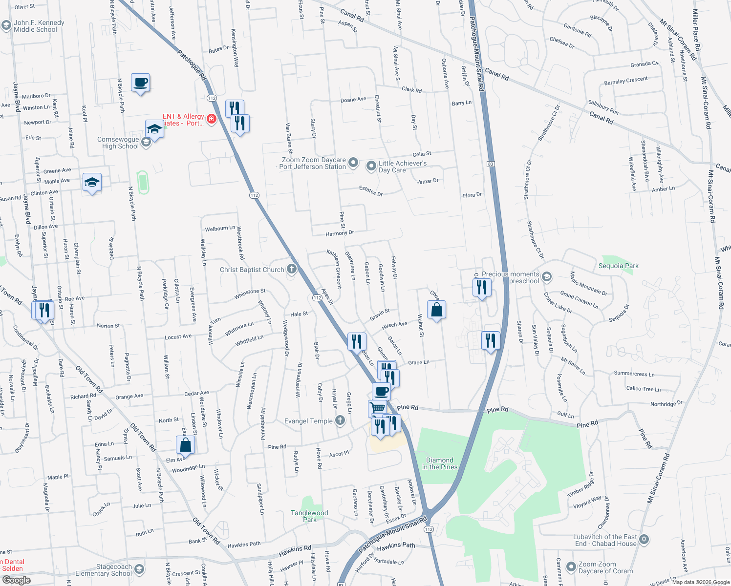 map of restaurants, bars, coffee shops, grocery stores, and more near 12 Gabon Lane in Coram