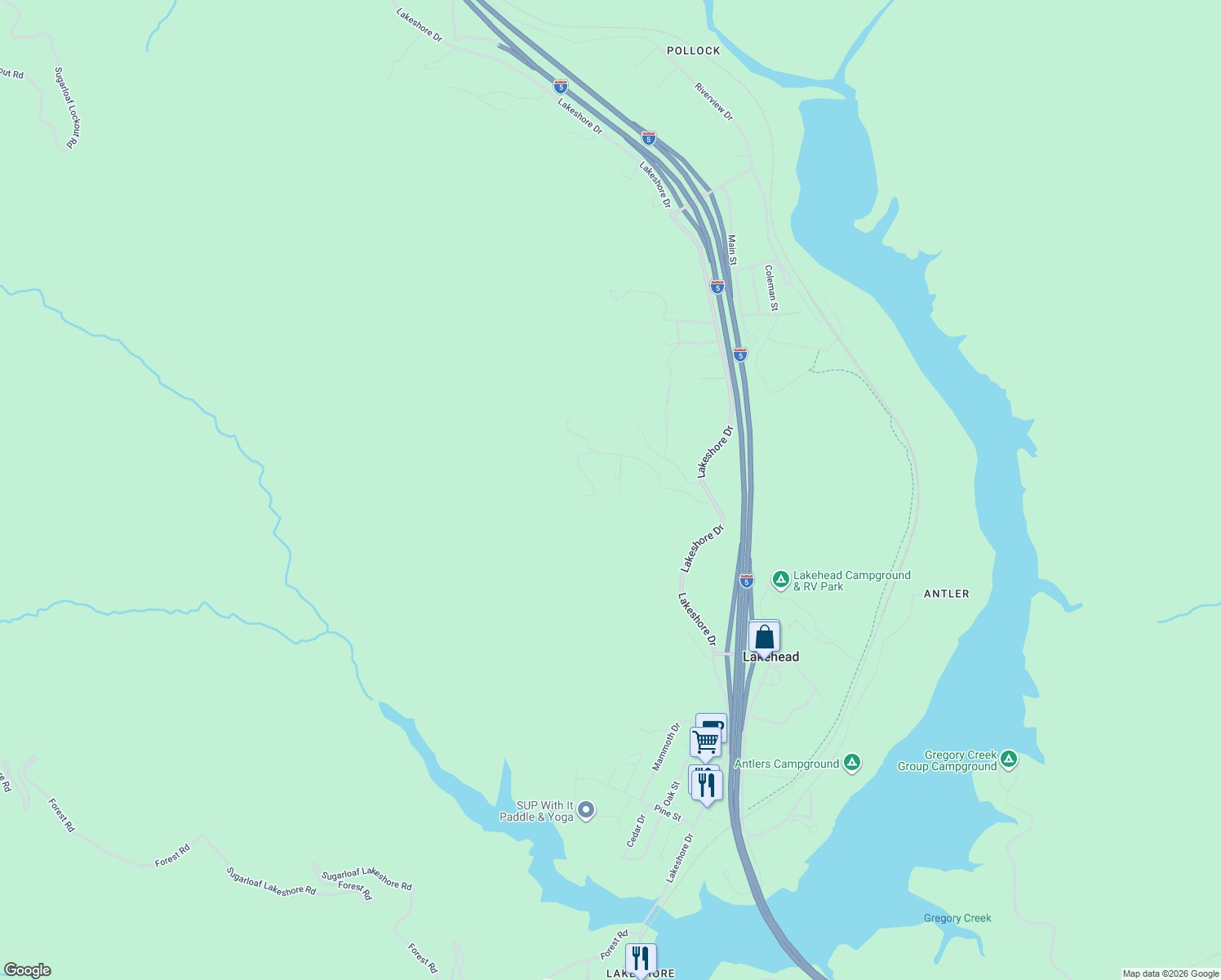 map of restaurants, bars, coffee shops, grocery stores, and more near 18001-18099 Big Oak Lane in Lakehead-Lakeshore