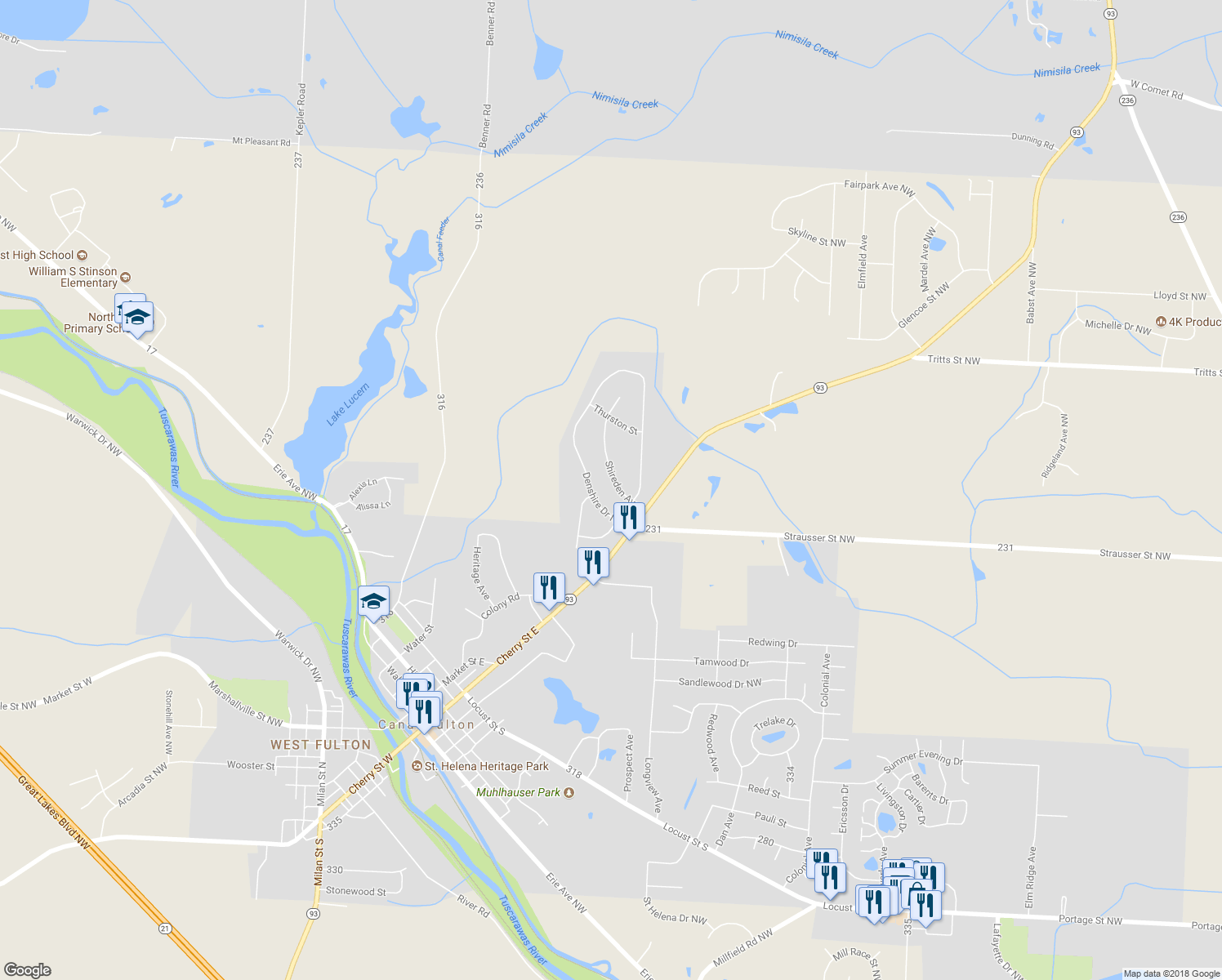 map of restaurants, bars, coffee shops, grocery stores, and more near 726 Shireden Avenue in Canal Fulton