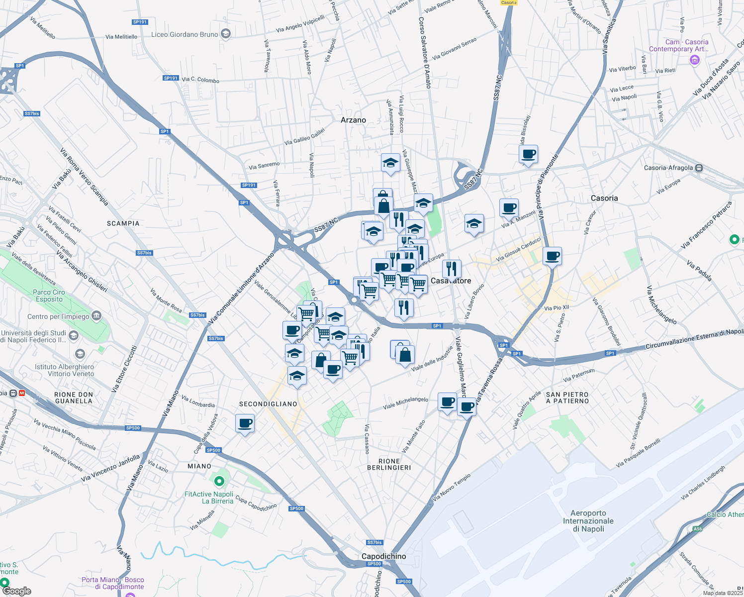 map of restaurants, bars, coffee shops, grocery stores, and more near 171 Corso Europa in Casavatore
