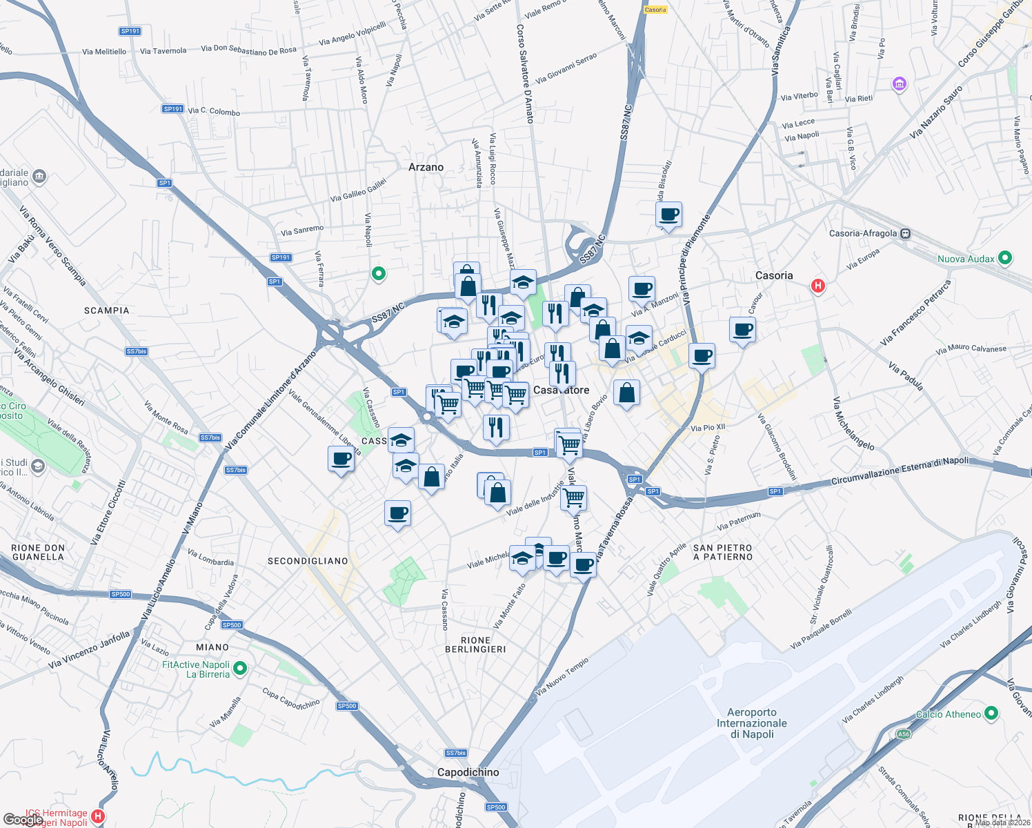 map of restaurants, bars, coffee shops, grocery stores, and more near 23 Via Rosa Salvator in Casavatore