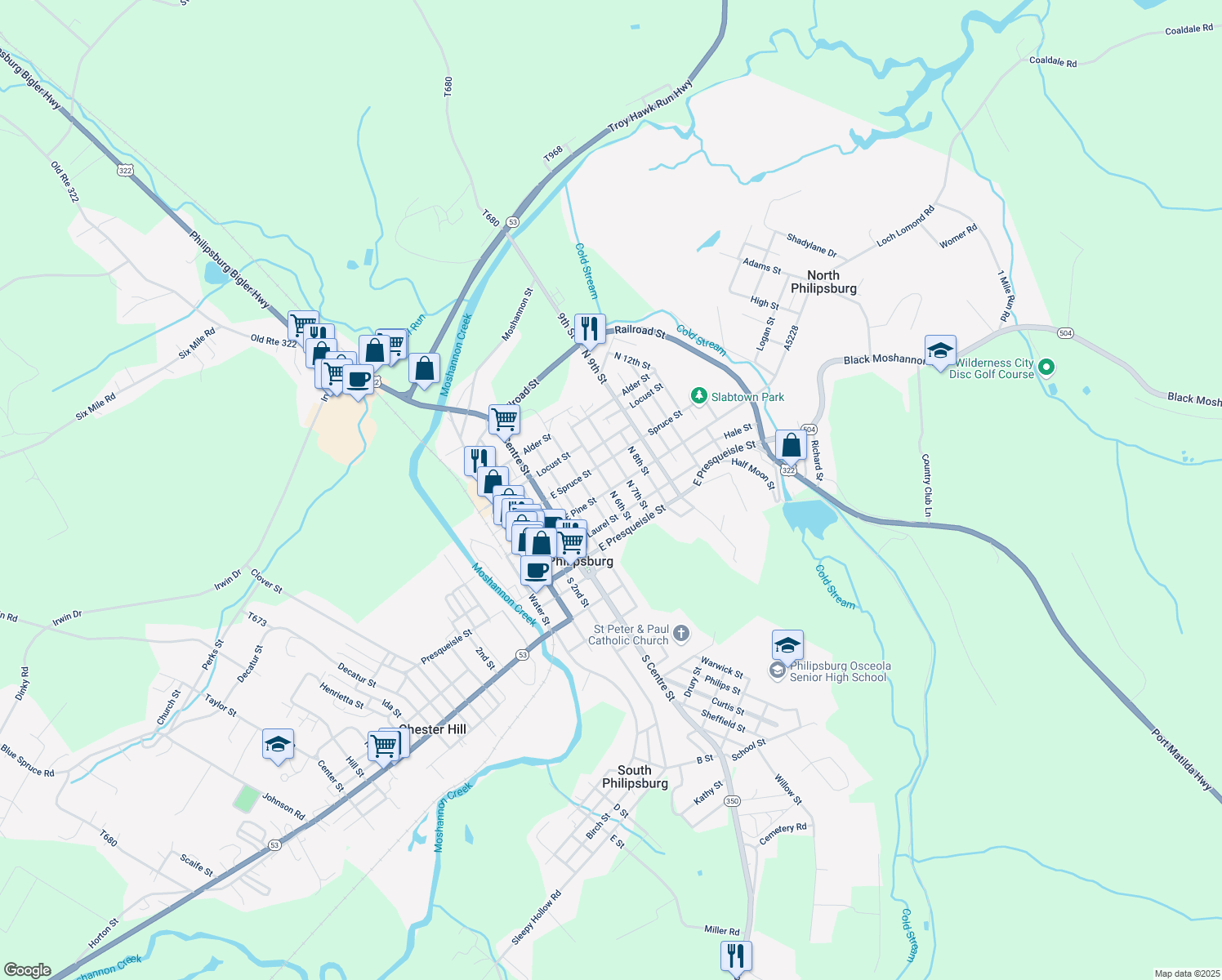 map of restaurants, bars, coffee shops, grocery stores, and more near 199 North 6th Street in Philipsburg
