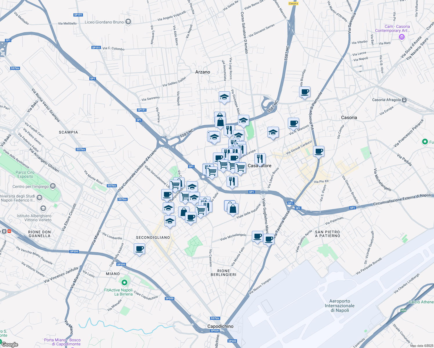 map of restaurants, bars, coffee shops, grocery stores, and more near 171 Corso Europa in Napoli