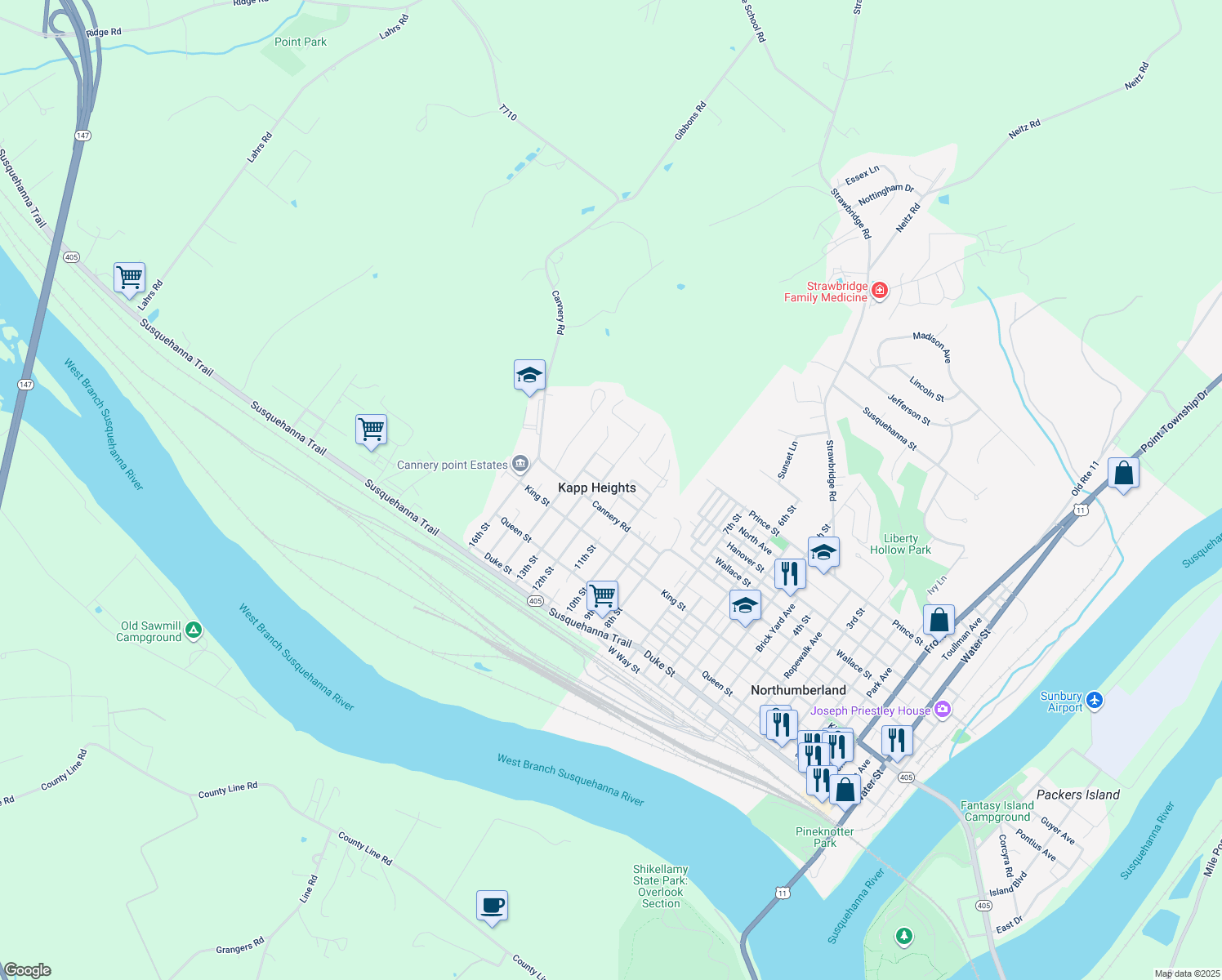 map of restaurants, bars, coffee shops, grocery stores, and more near Franklin Street in Northumberland
