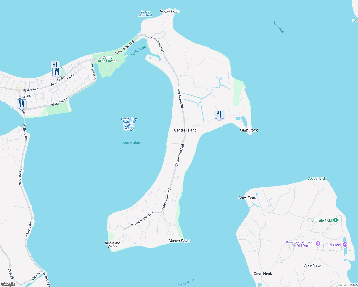 map of restaurants, bars, coffee shops, grocery stores, and more near 346 Harbor Drive in Oyster Bay