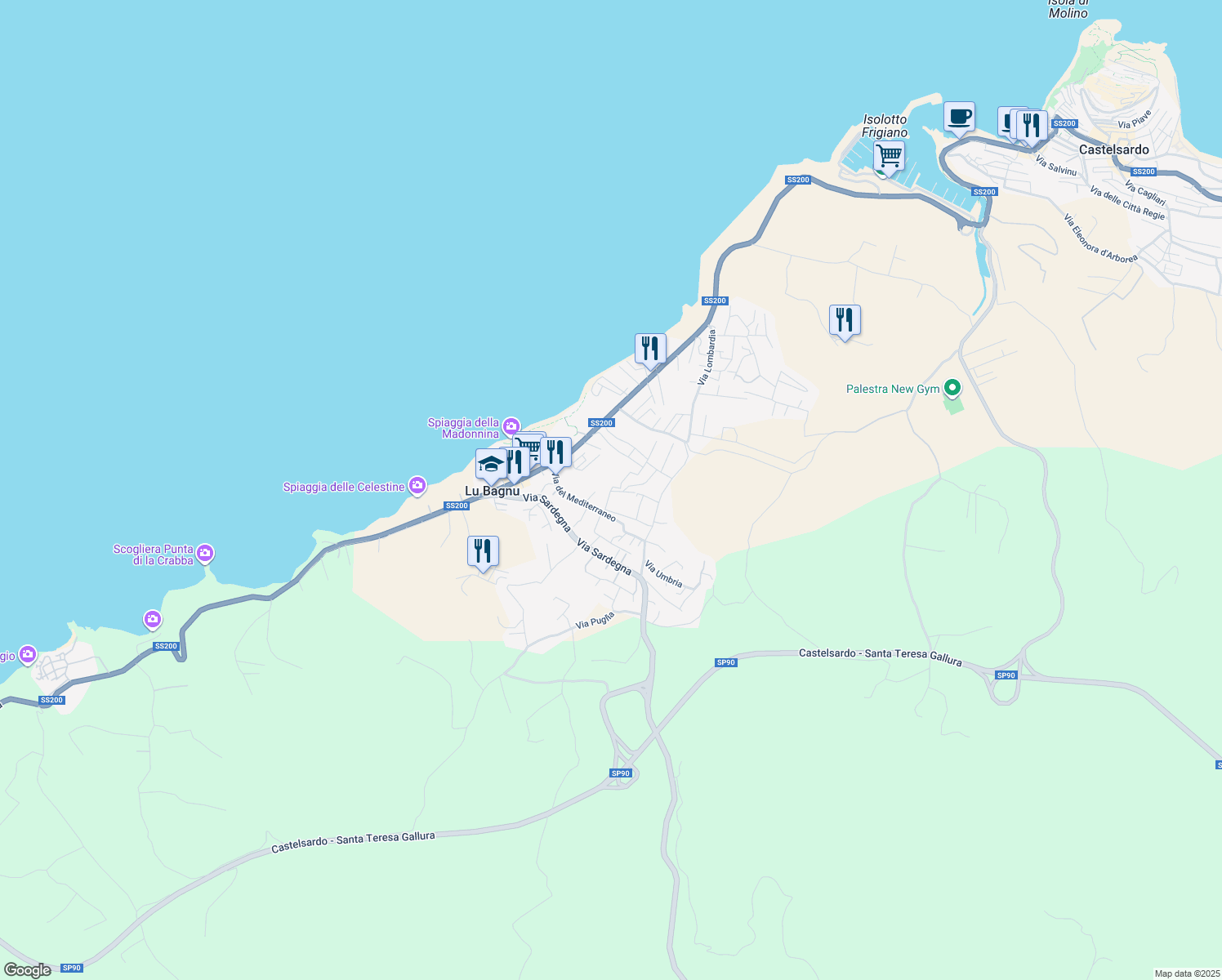 map of restaurants, bars, coffee shops, grocery stores, and more near 9 Via Molise in Lu Bagnu