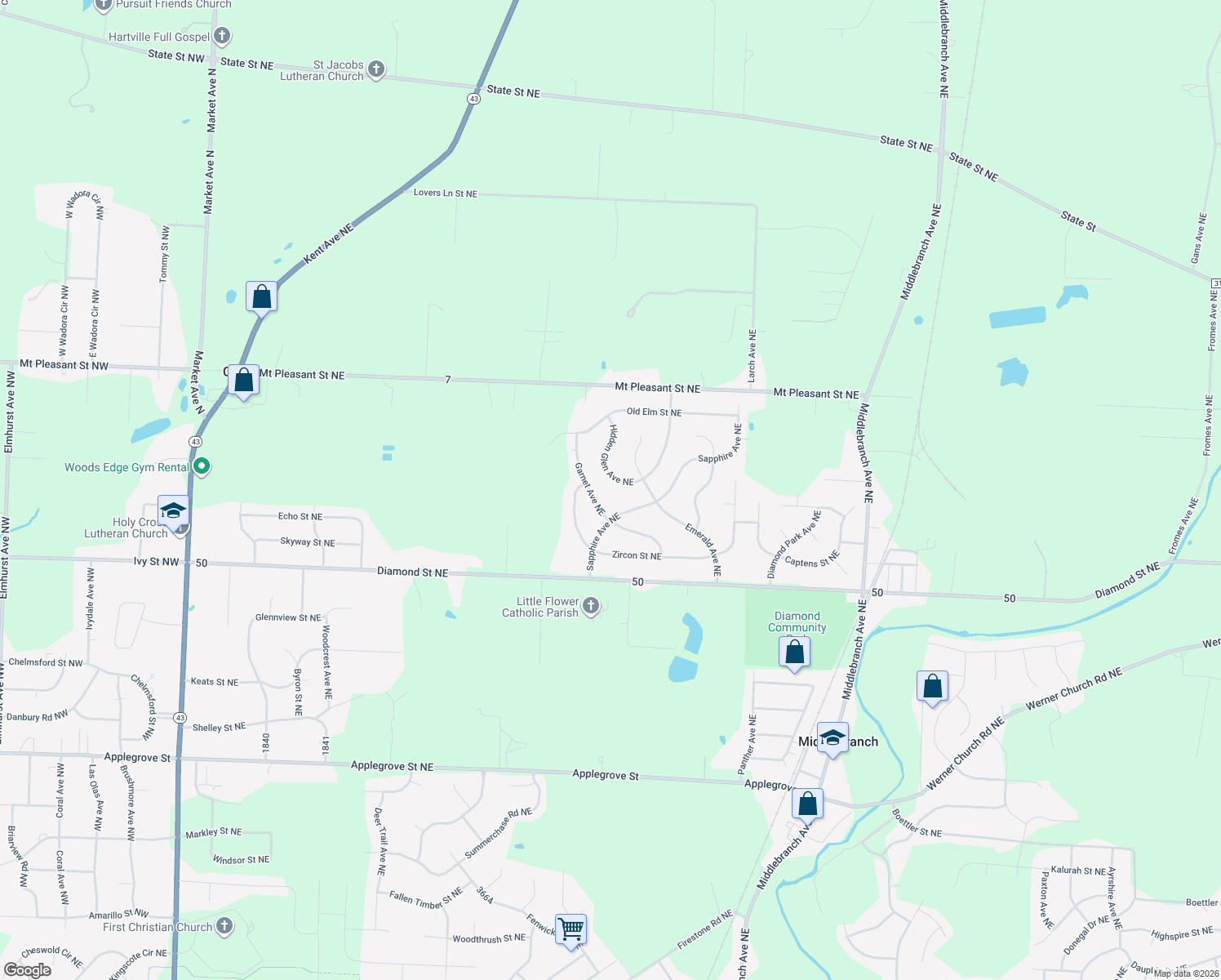map of restaurants, bars, coffee shops, grocery stores, and more near 8185 Hidden Glen Avenue Northeast in Canton
