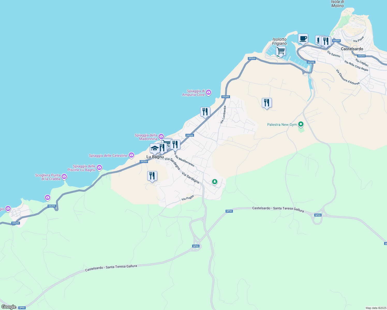 map of restaurants, bars, coffee shops, grocery stores, and more near 9 Via Molise in Lu Bagnu
