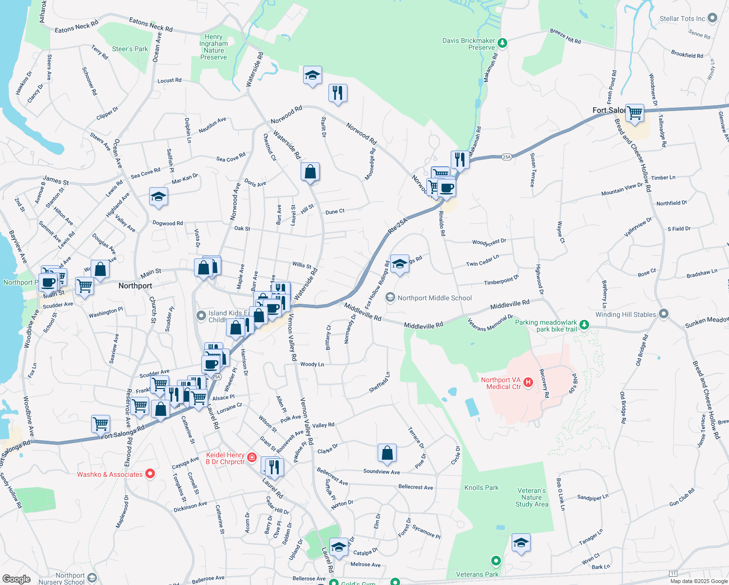 map of restaurants, bars, coffee shops, grocery stores, and more near 7 Fox Hollow Ridings Road in Northport
