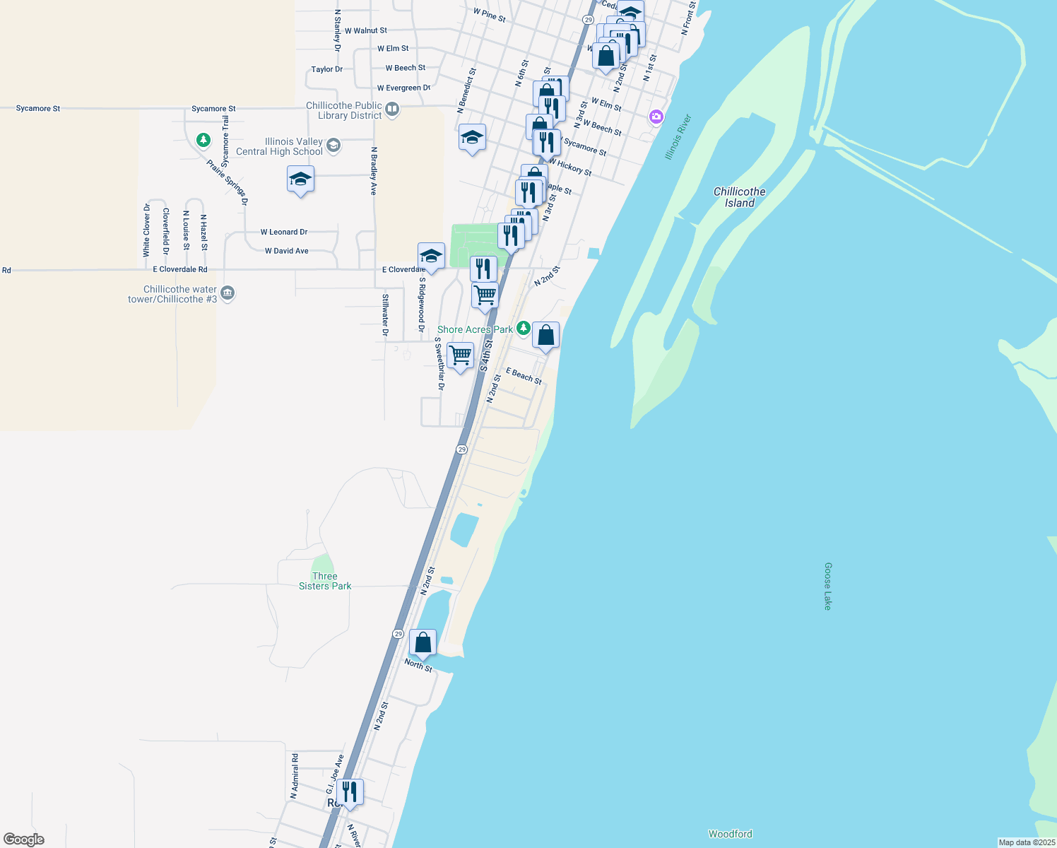map of restaurants, bars, coffee shops, grocery stores, and more near 17504 N Oak Lawn Ave in Chillicothe