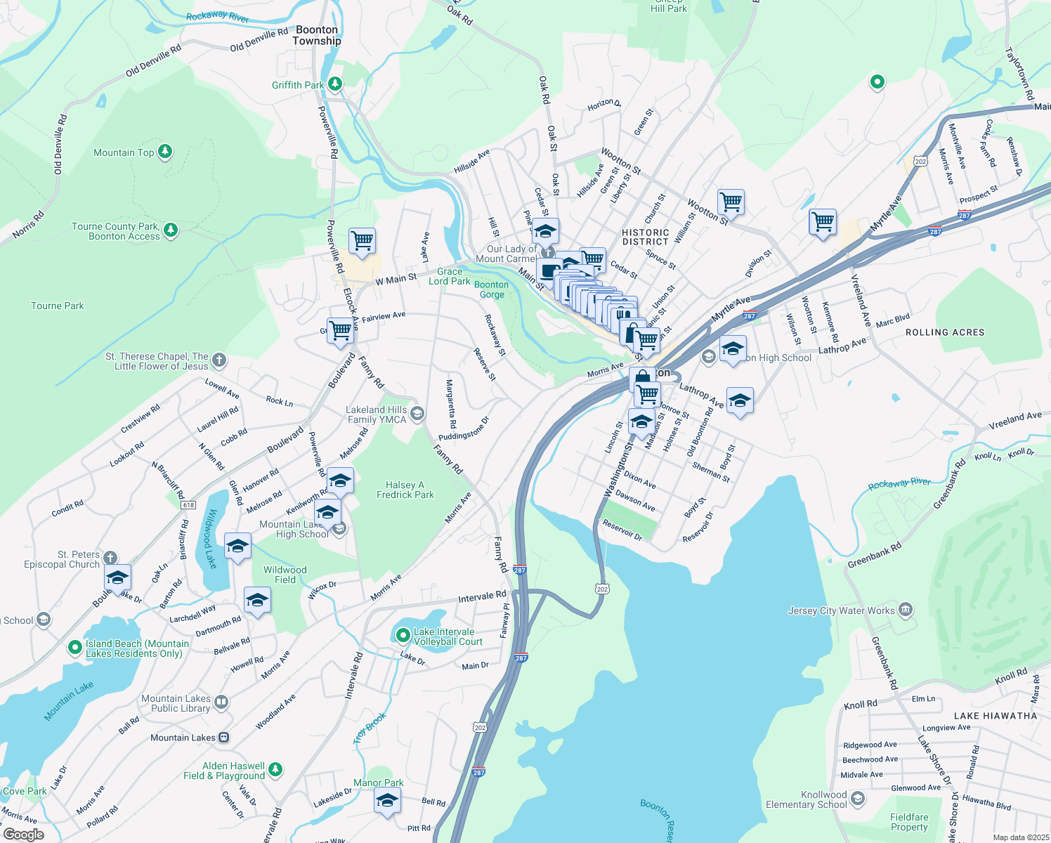 map of restaurants, bars, coffee shops, grocery stores, and more near 412 Morris Avenue in Boonton