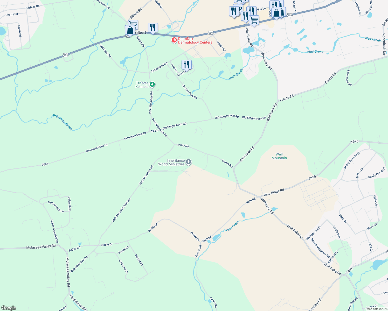map of restaurants, bars, coffee shops, grocery stores, and more near 161 Doney Road in Kunkletown
