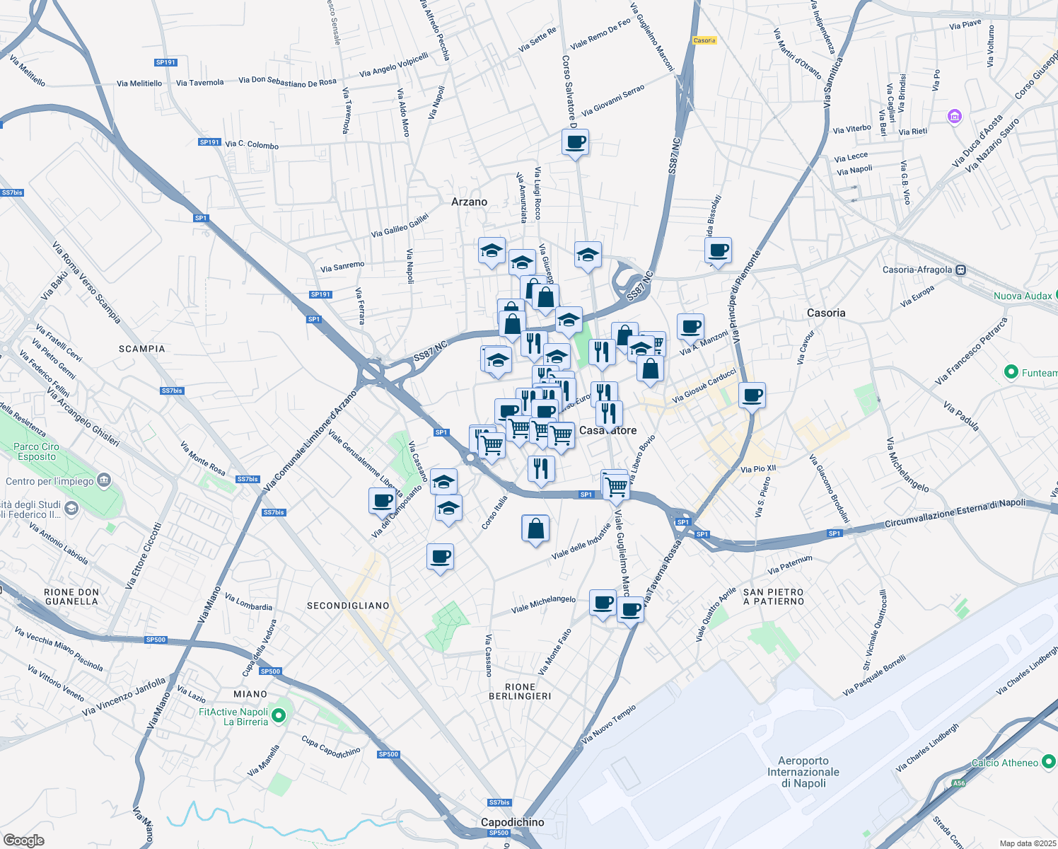 map of restaurants, bars, coffee shops, grocery stores, and more near 78 Corso Europa in Casavatore