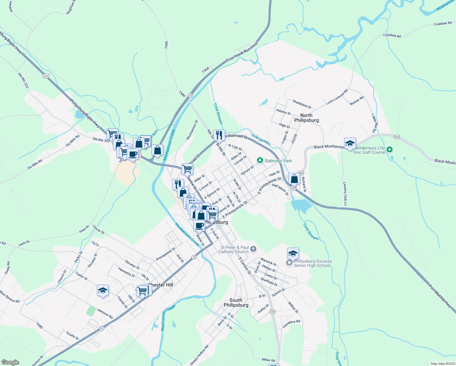 map of restaurants, bars, coffee shops, grocery stores, and more near 610 E Spruce St in Philipsburg